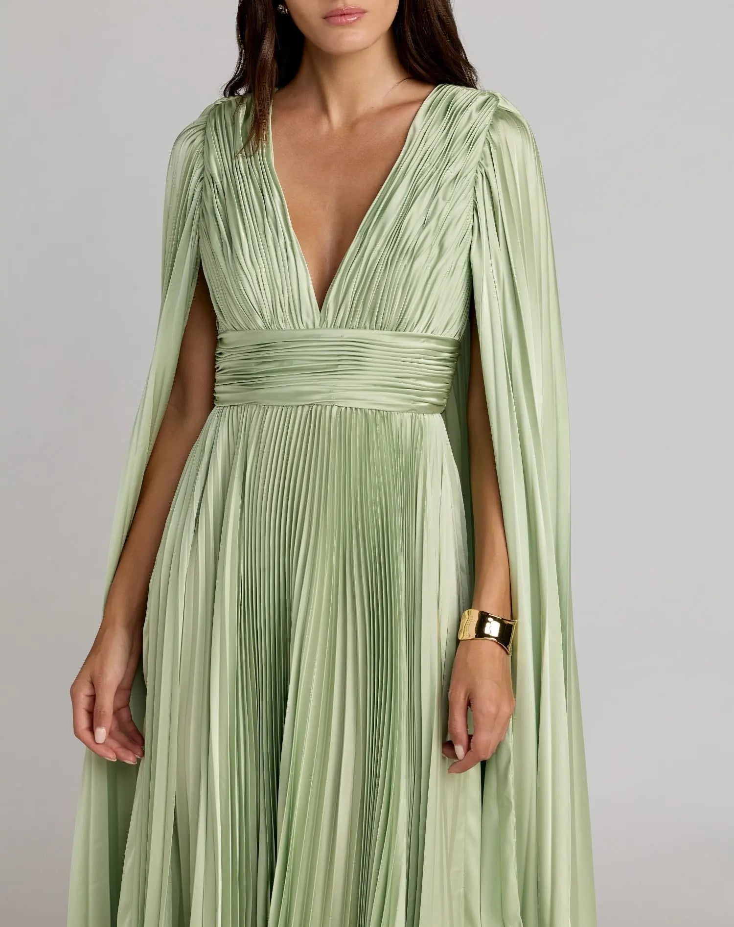 Green Pleated Charmeuse V Neck Gown With Cape - Ieena for Mac Duggal