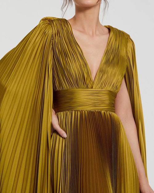 Pleated Charmeuse V Neck Gown With Cape