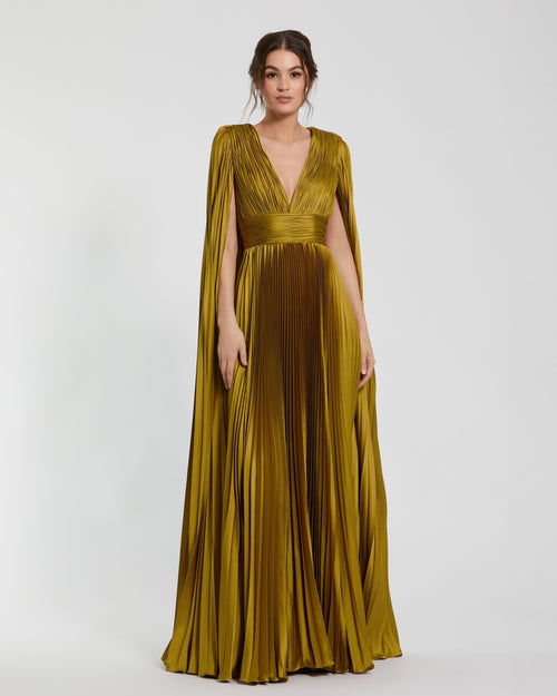 Plissiertes Charmeuse-Kleid mit V-Ausschnitt und Cape