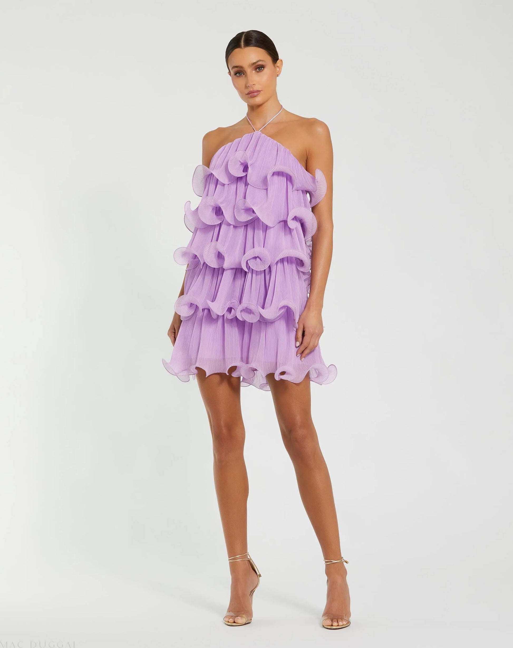 Purple Crinkle Chiffon Tiered Ruffle Mini Dress | Mac Duggal Purple Crinkle Chiffon Tiered Ruffle Mini Dress | Mac Duggal
