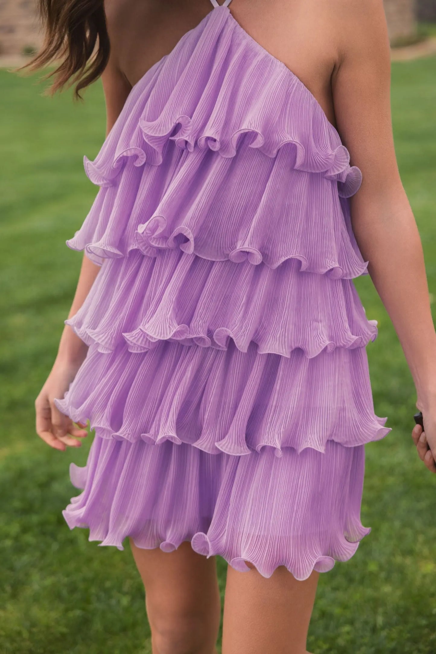 Purple Crinkle Chiffon Tiered Ruffle Mini Dress Ieena for Mac Duggal