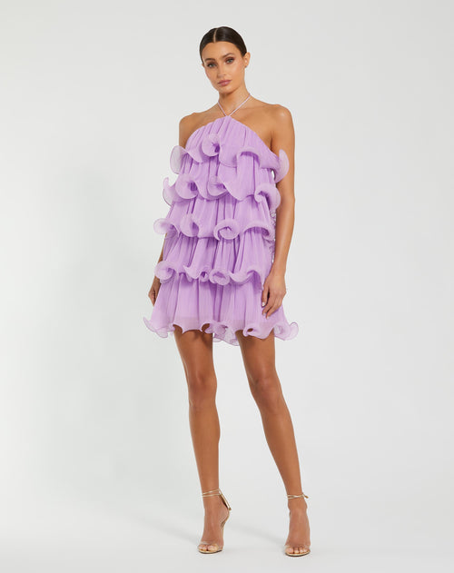 Crinkle Chiffon Tiered Ruffle Halter Mini Dress