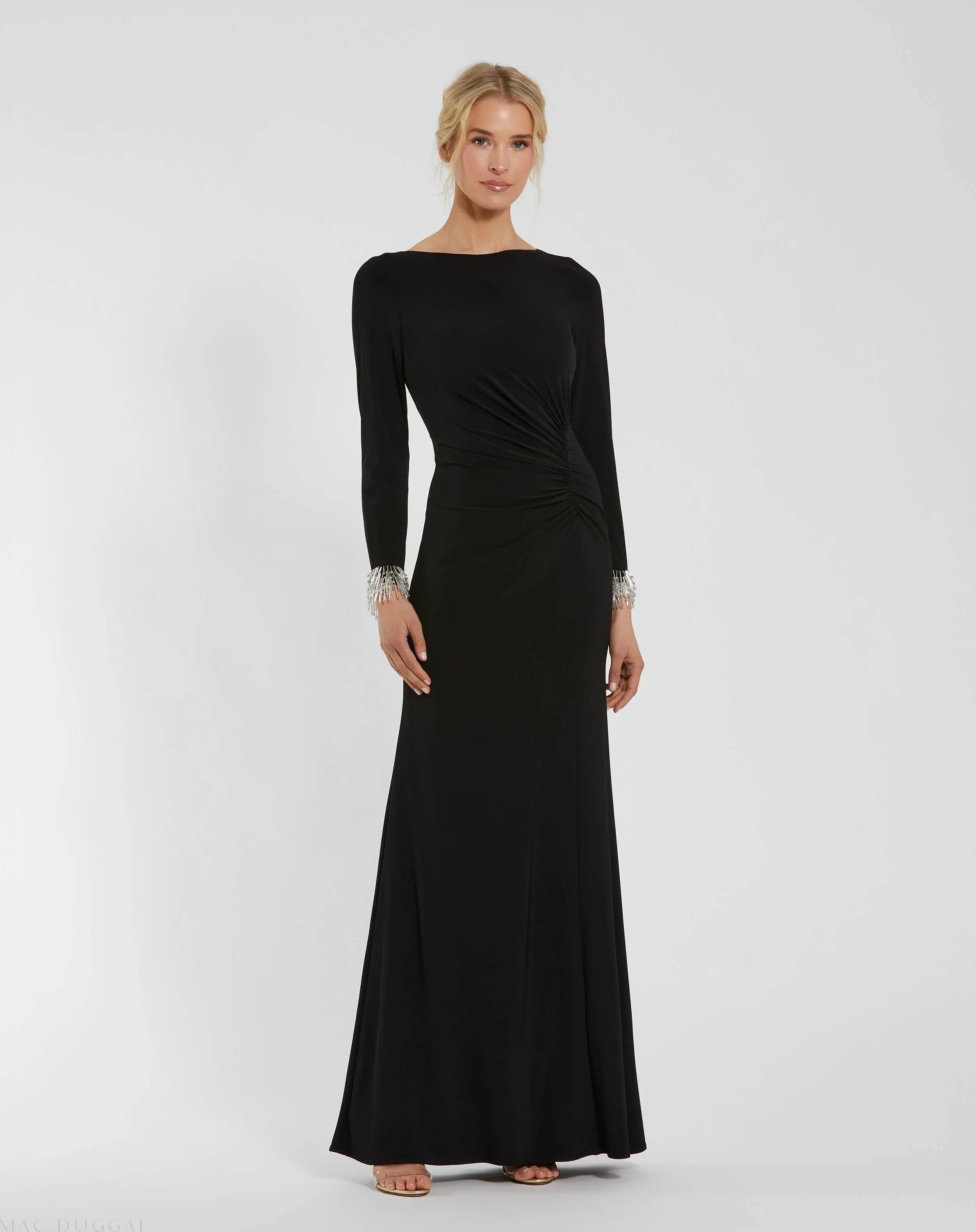 Black Long Sleeve Jersey Gown With Beaded Cuff Sleeves - Mac Duggal