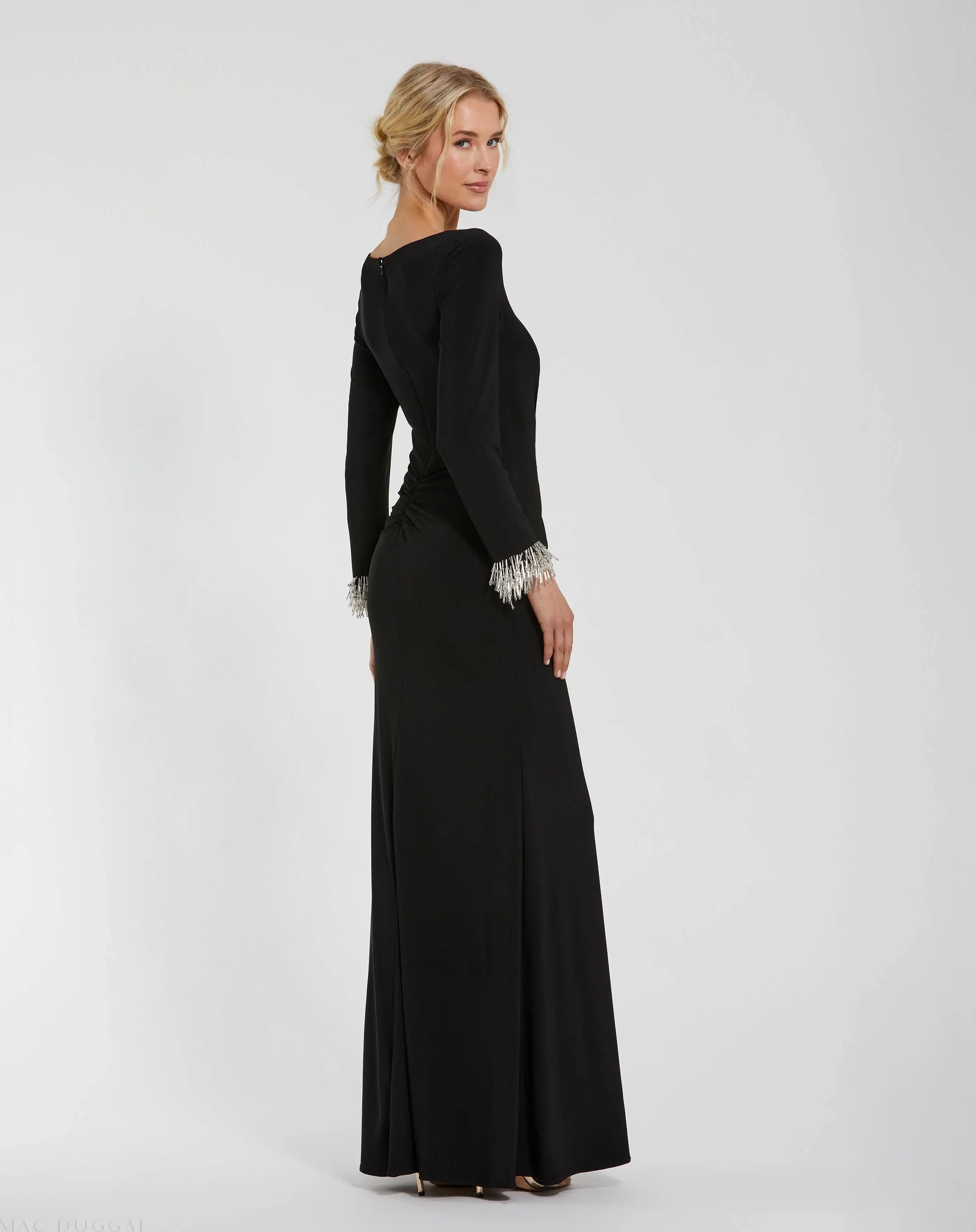 Black Long Sleeve Jersey Gown With Beaded Cuff Sleeves - Mac Duggal