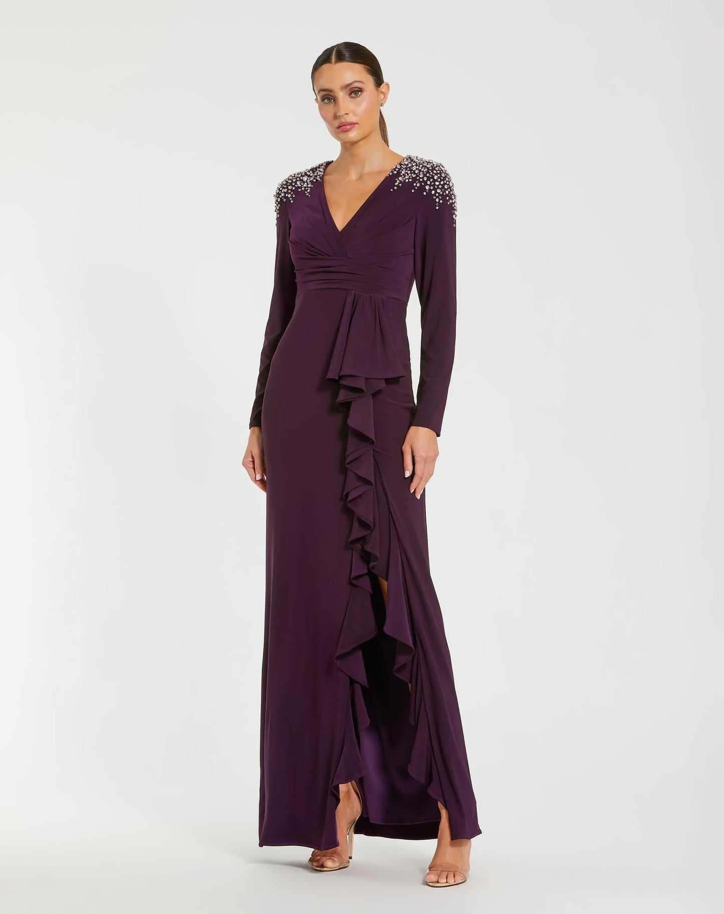 Purple Rhinestone Embellished Long Sleeve Ruffle Gown