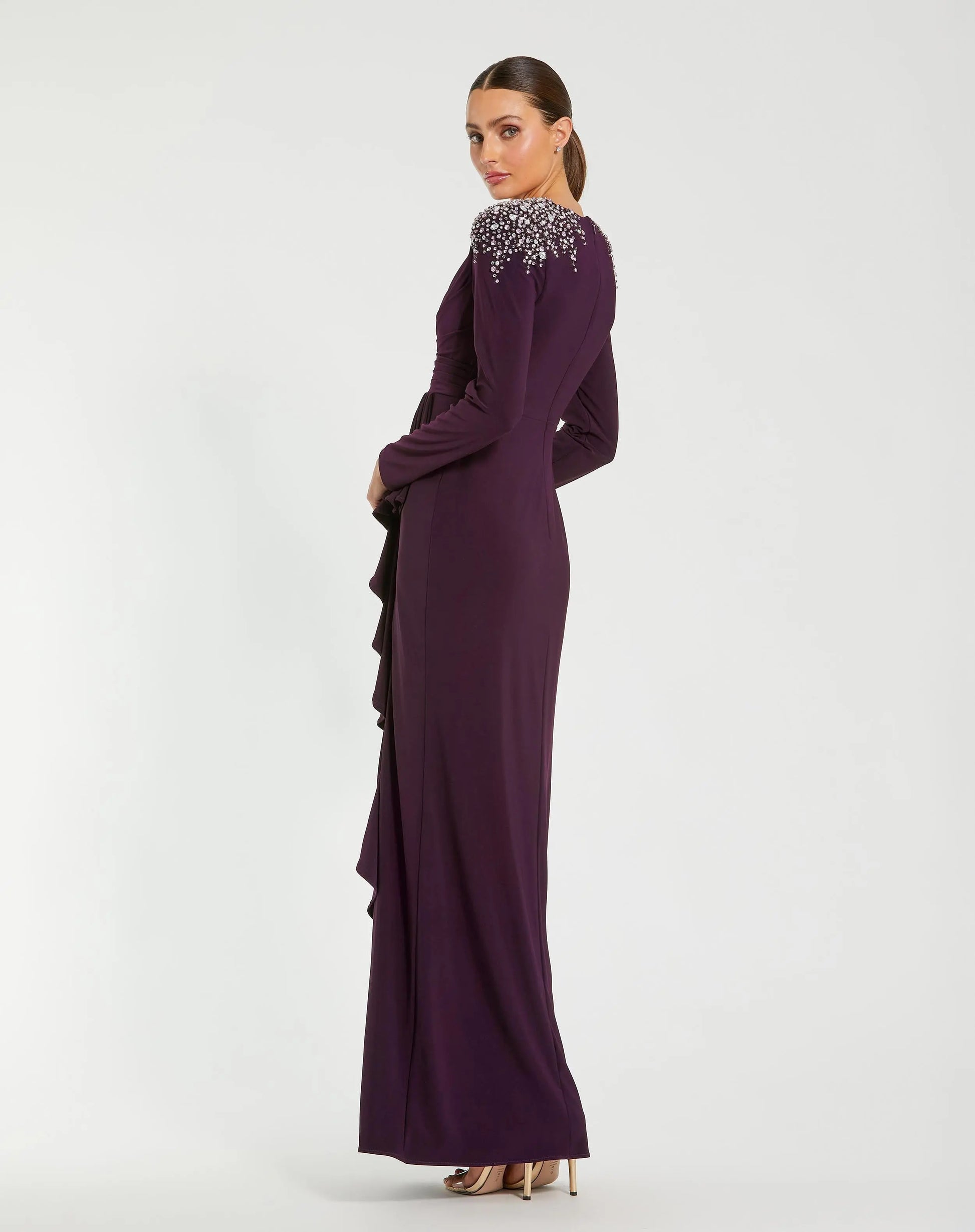 Purple Rhinestone Embellished Long Sleeve Ruffle Gown | Mac Duggal Purple Rhinestone Embellished Long Sleeve Ruffle Gown | Mac Duggal