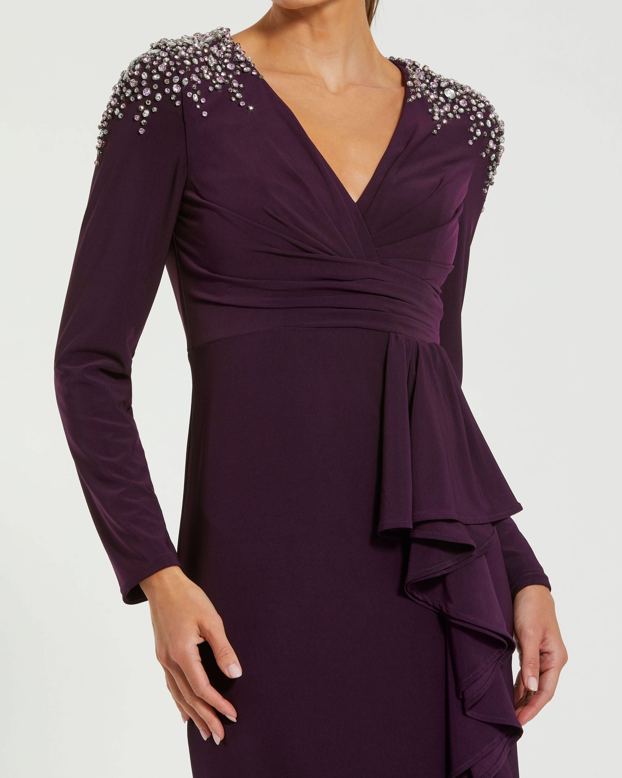 Purple Long Sleeve Gown with Cascading Ruffle & Rhinestone Shoulders Ieena for Mac Duggal