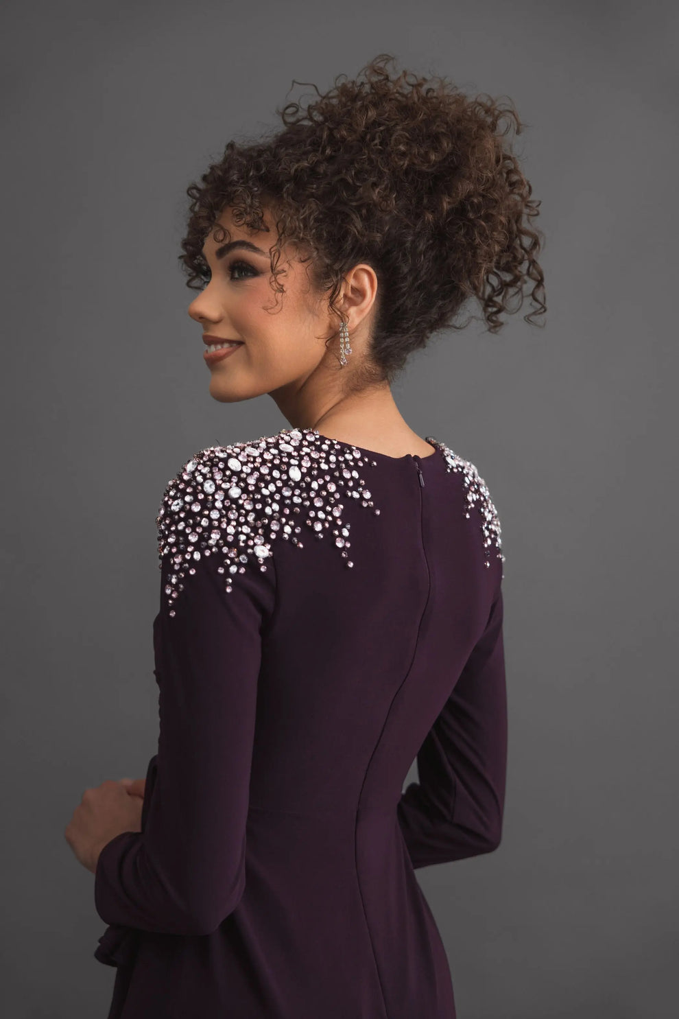 Purple Rhinestone Embellished Long Sleeve Ruffle Gown | Mac Duggal