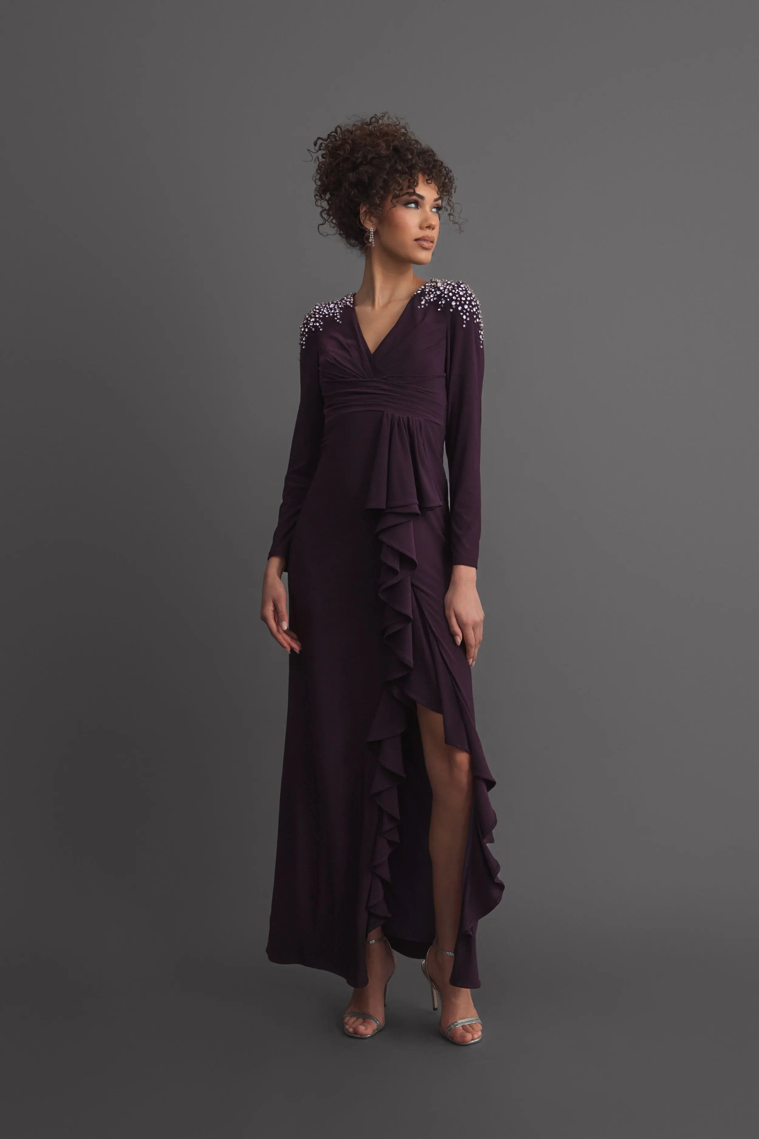 Purple Long Sleeve Gown with Cascading Ruffle & Rhinestone Shoulders Ieena for Mac Duggal