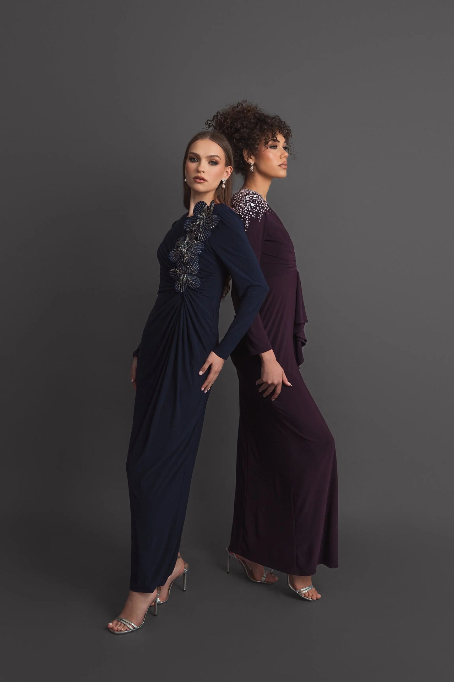 Navy Jersey Long Sleeve Fitted Gown With 3D Flowers - Mac Duggal