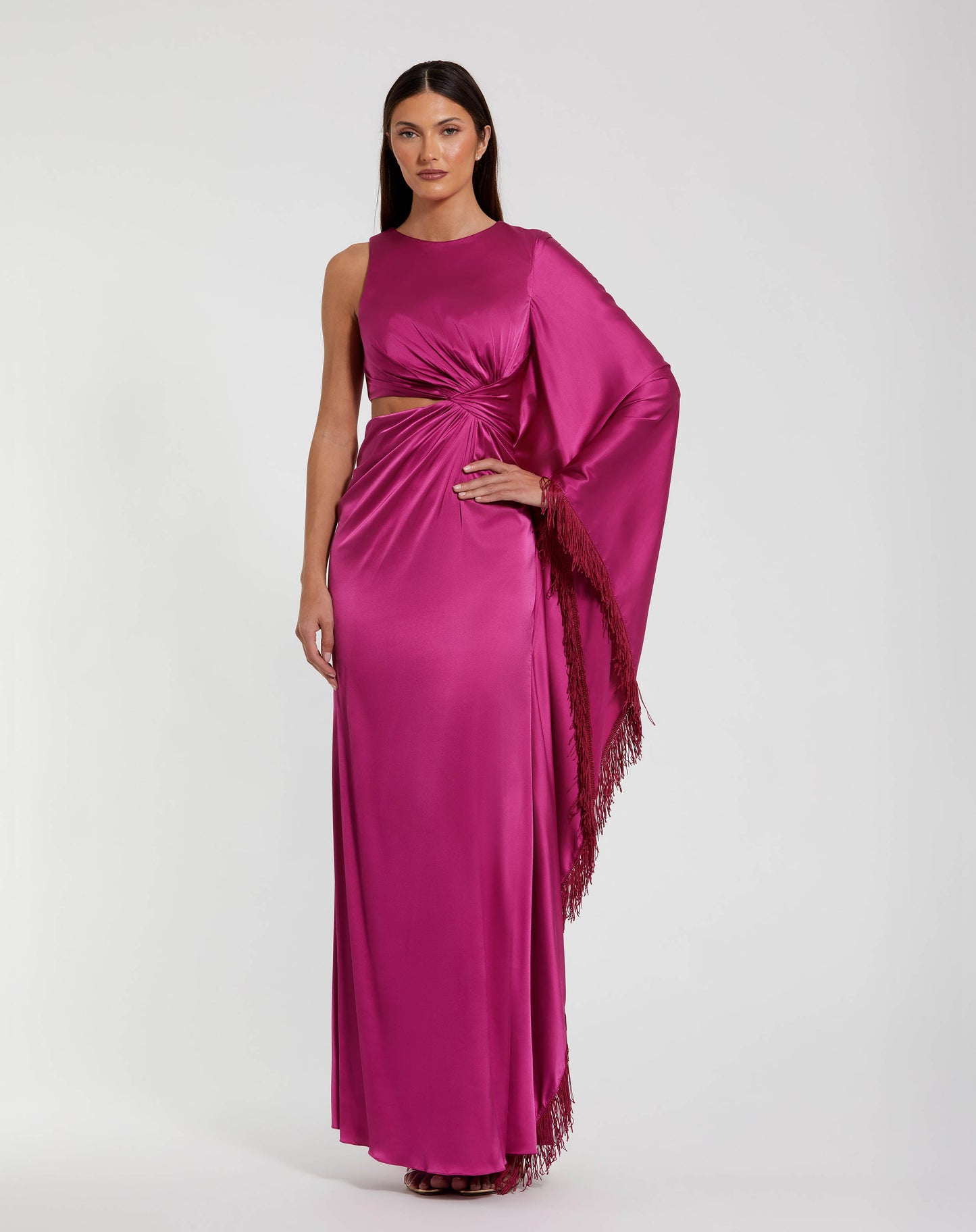 Purple Charmeuse Kaftan Sleeve Gown With Fringe Detail- Ieena for Mac Duggal