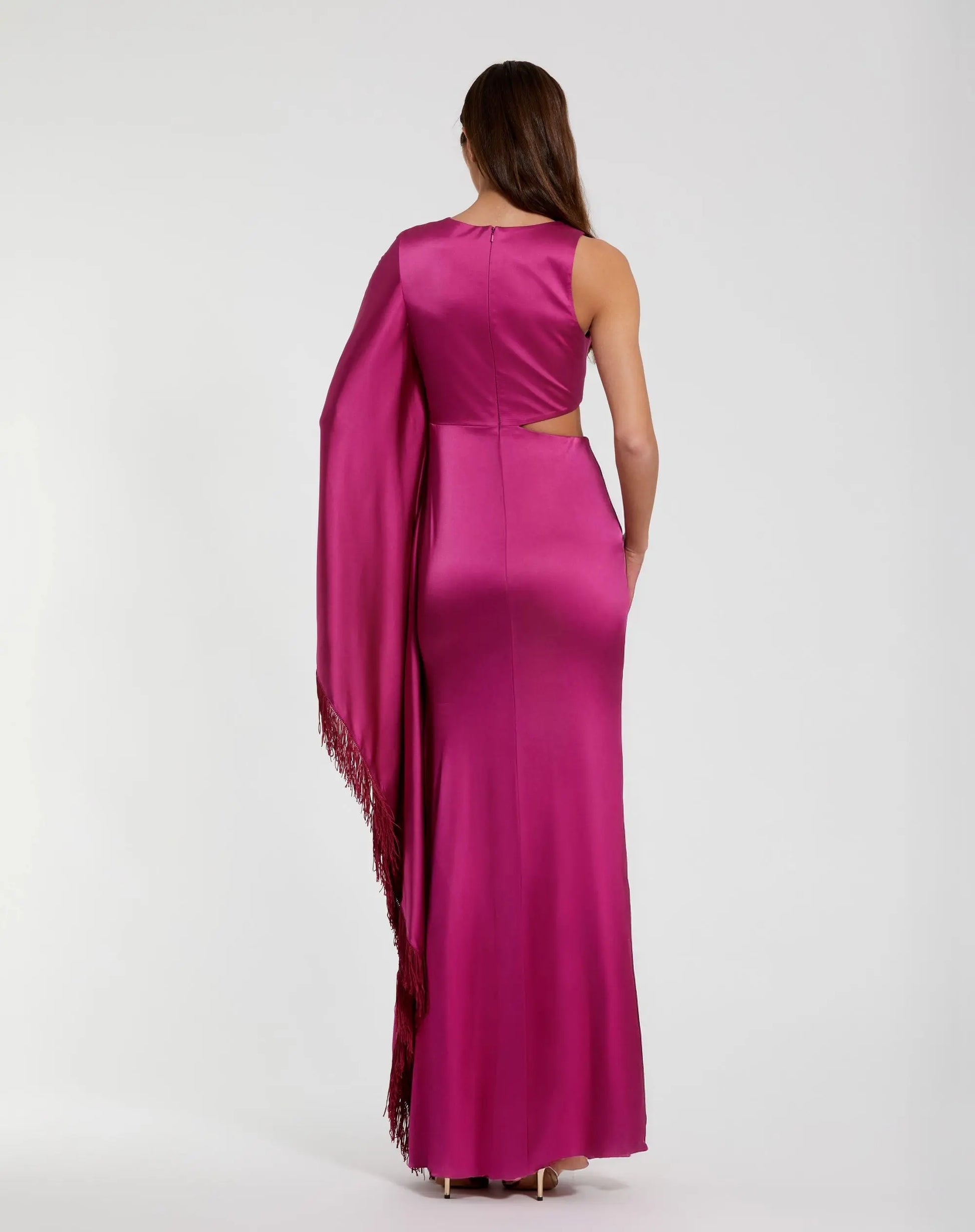 Purple Charmeuse Kaftan Sleeve Gown With Fringe Detail | Mac Duggal Purple Charmeuse Kaftan Sleeve Gown With Fringe Detail | Mac Duggal