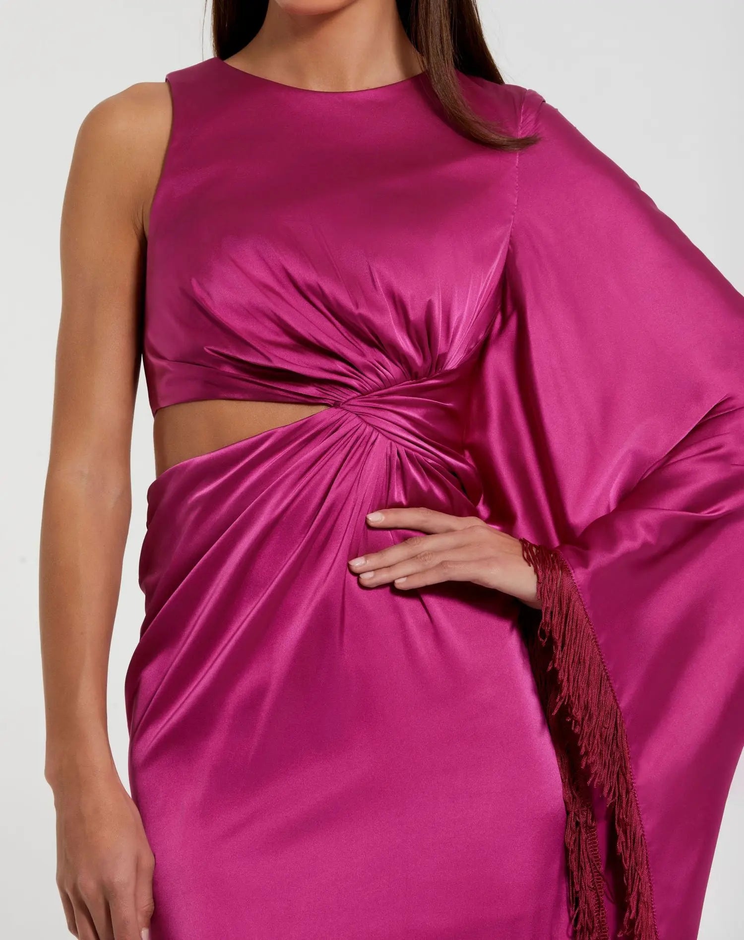 long sleeve magenta dress Mac Duggal Women's Charmeuse Kaftan Sleeve Assymetrical Fringe Gown - Pink - Size 6