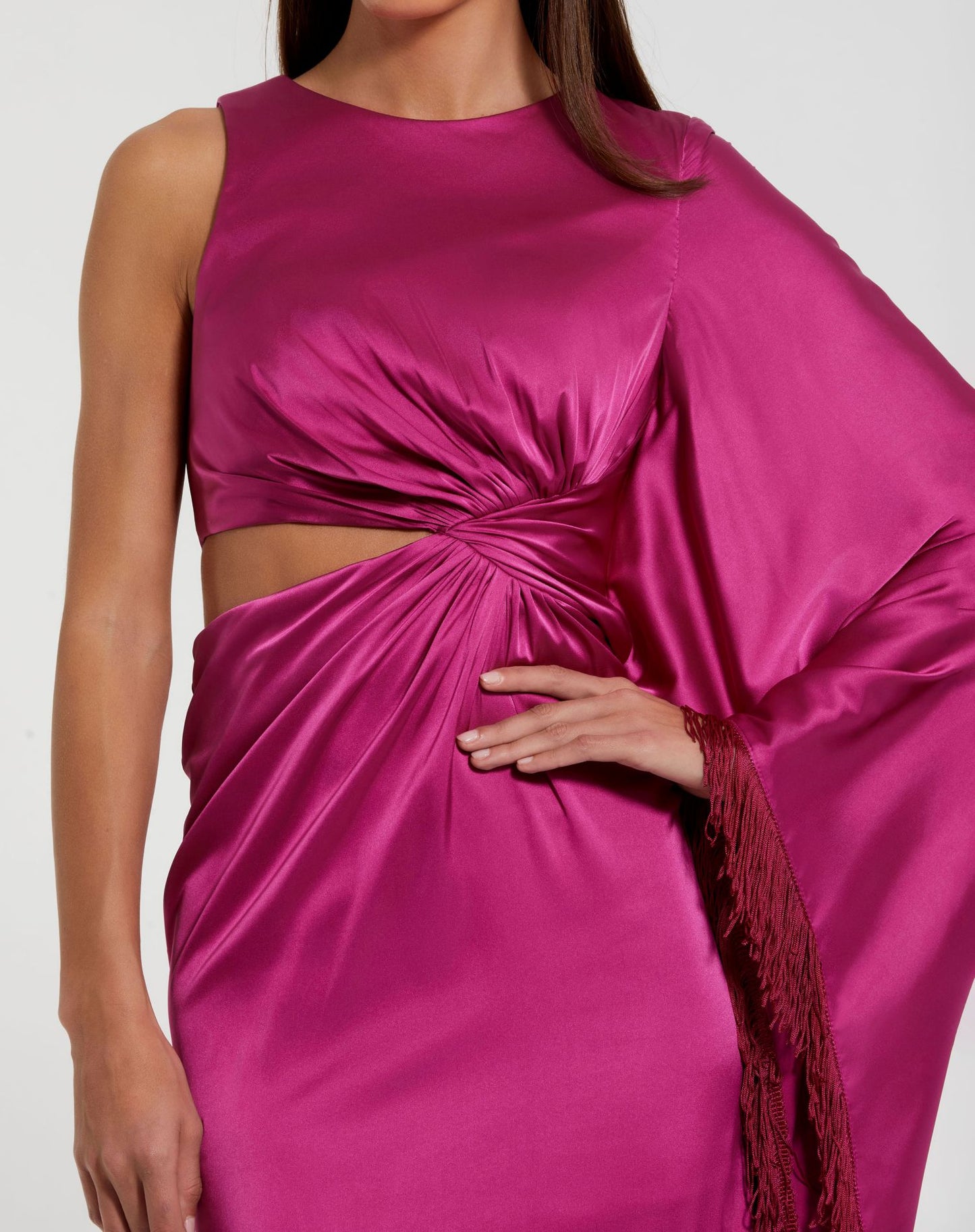 Purple Charmeuse Kaftan Sleeve Gown With Fringe Detail- Ieena for Mac Duggal