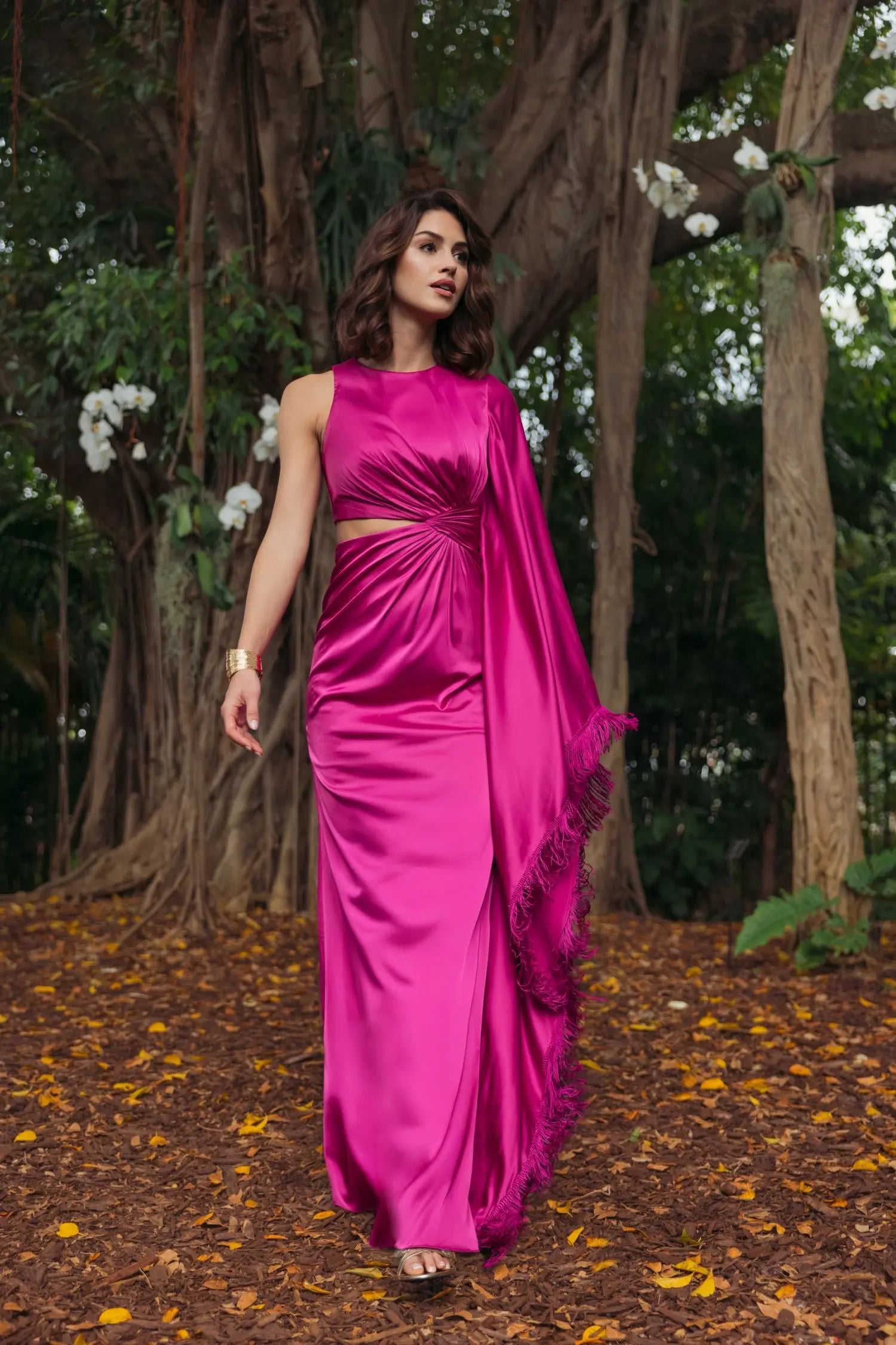 Magenta Charmeuse Kaftan Sleeve Gown With Fringe Detail