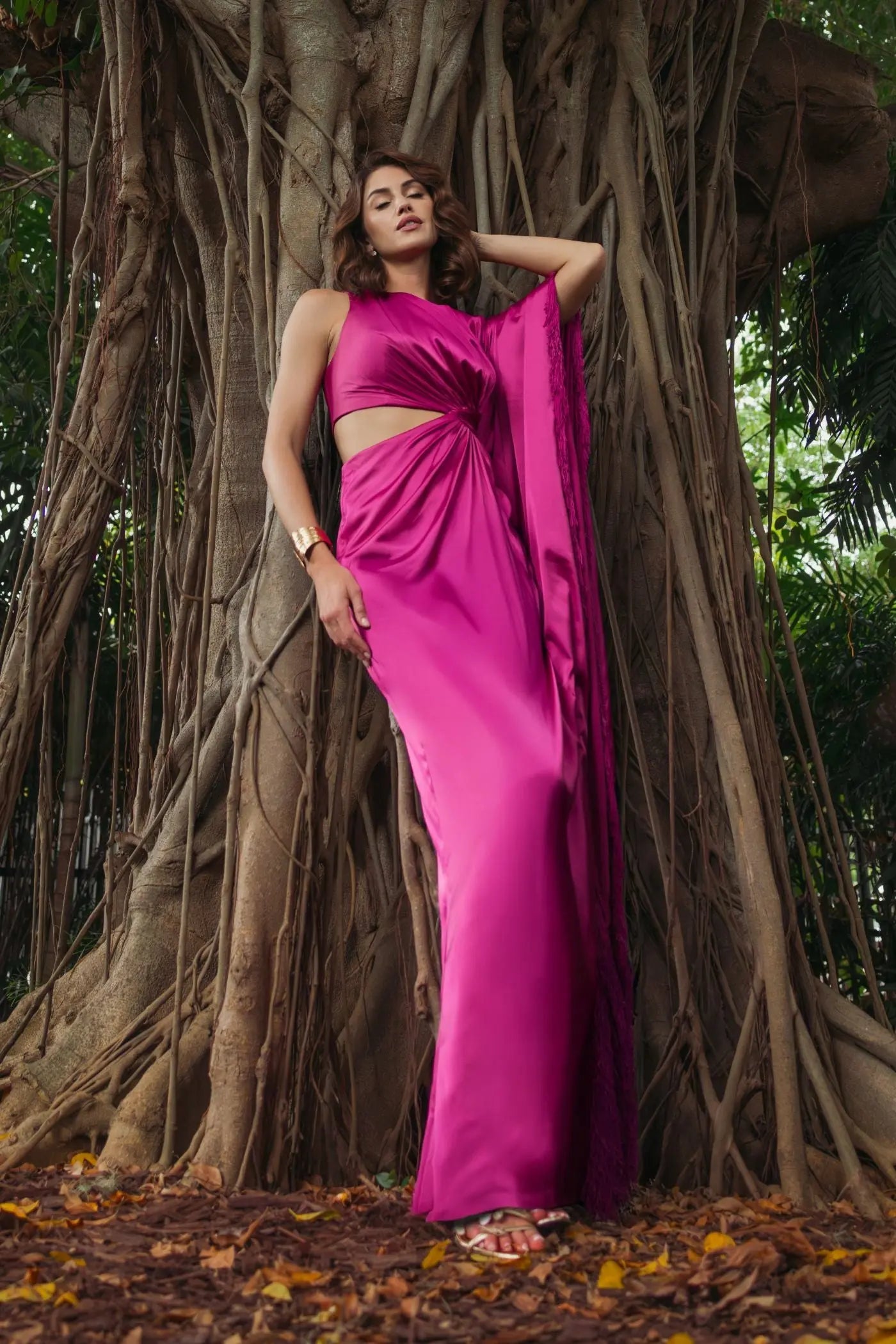 Purple Charmeuse Kaftan Sleeve Gown With Fringe Detail- Ieena for Mac Duggal