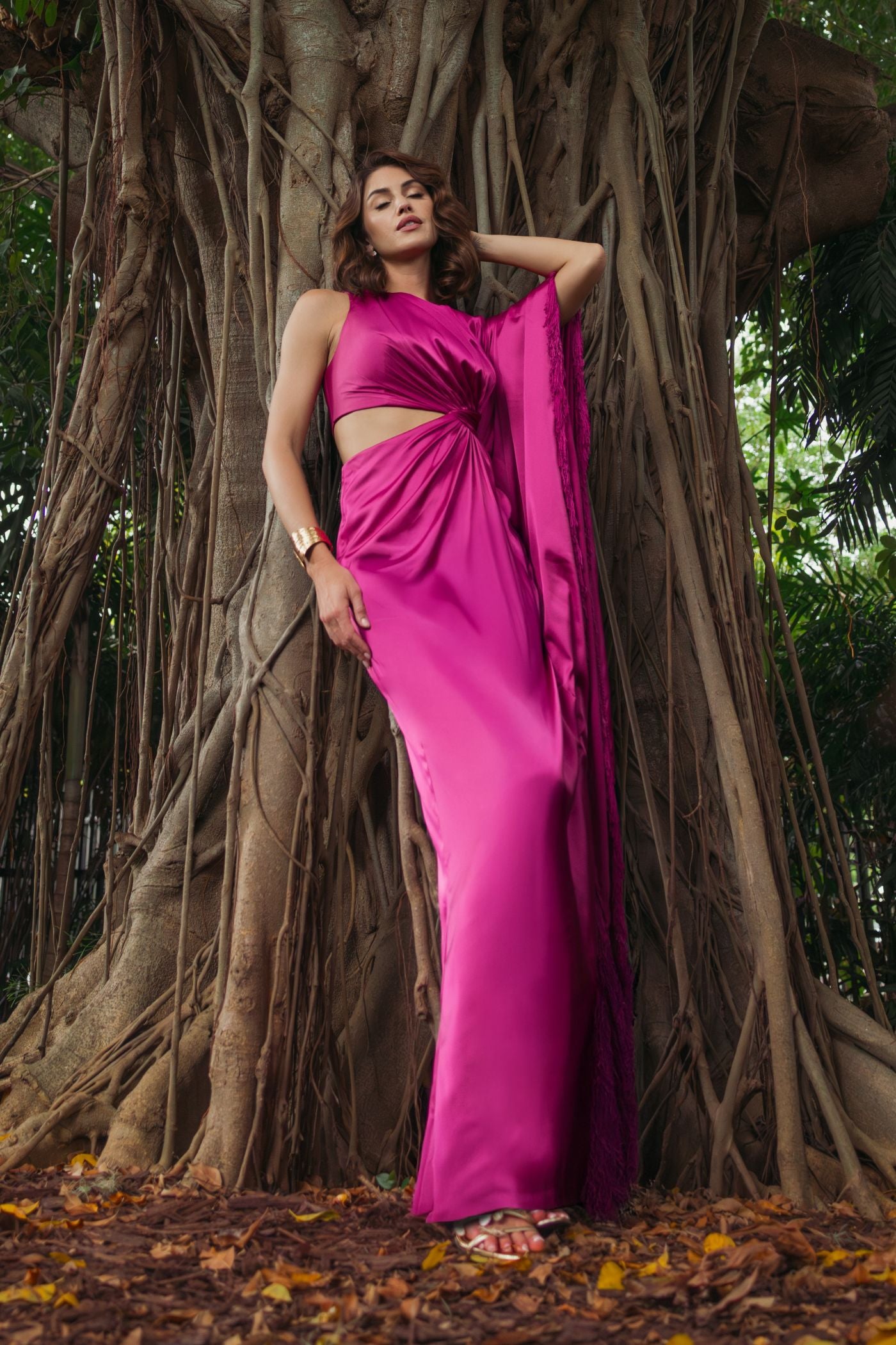 Purple Charmeuse Kaftan Sleeve Gown With Fringe Detail- Ieena for Mac Duggal