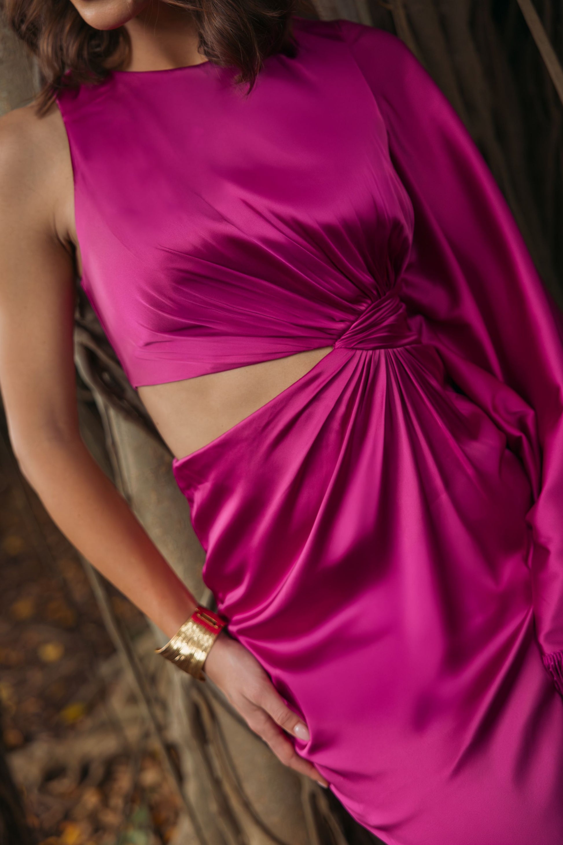 Purple Charmeuse Kaftan Sleeve Gown With Fringe Detail- Ieena for Mac Duggal