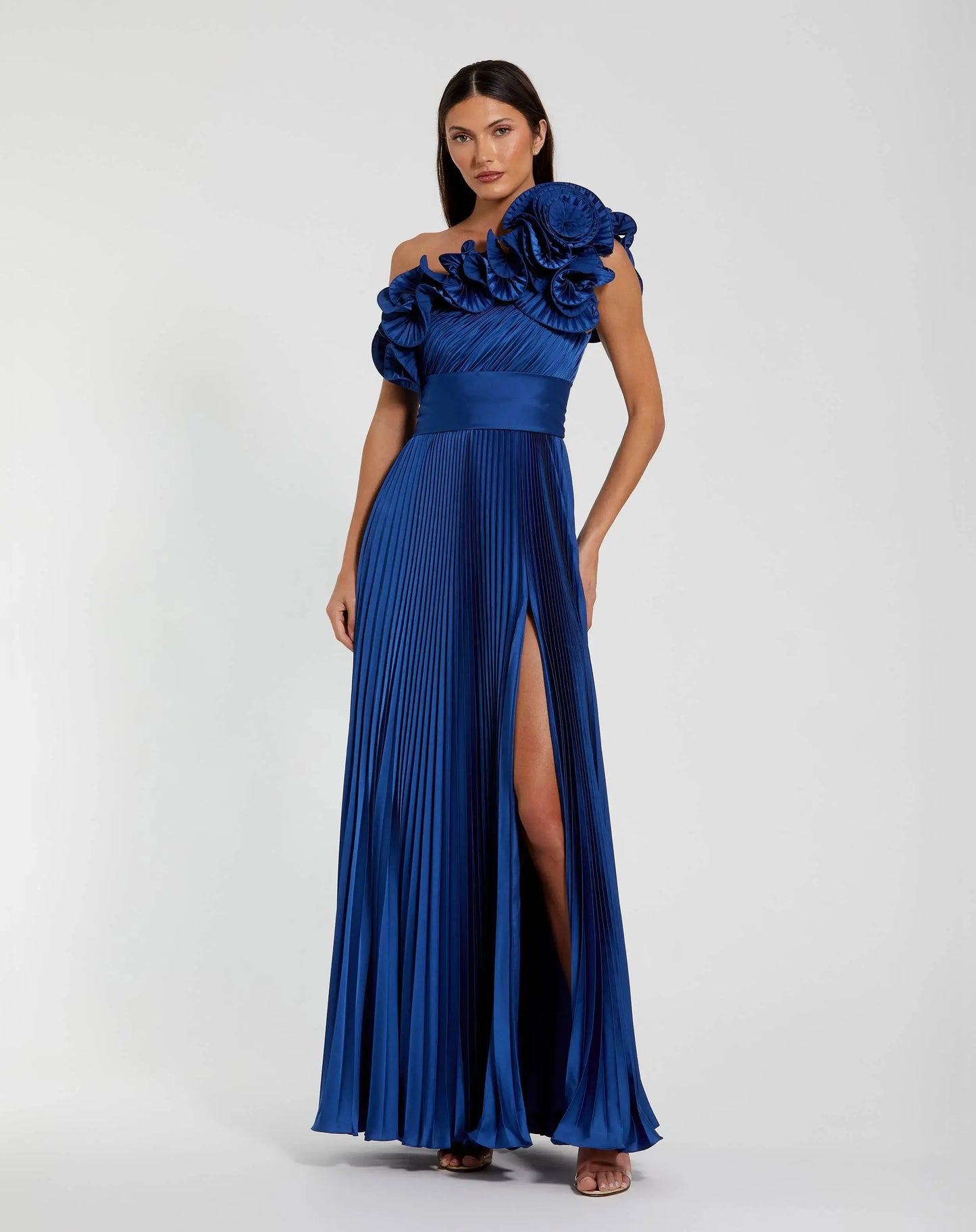 Blue Pleated Charmeuse One Shoulder Ruffle Gown - Mac Duggal