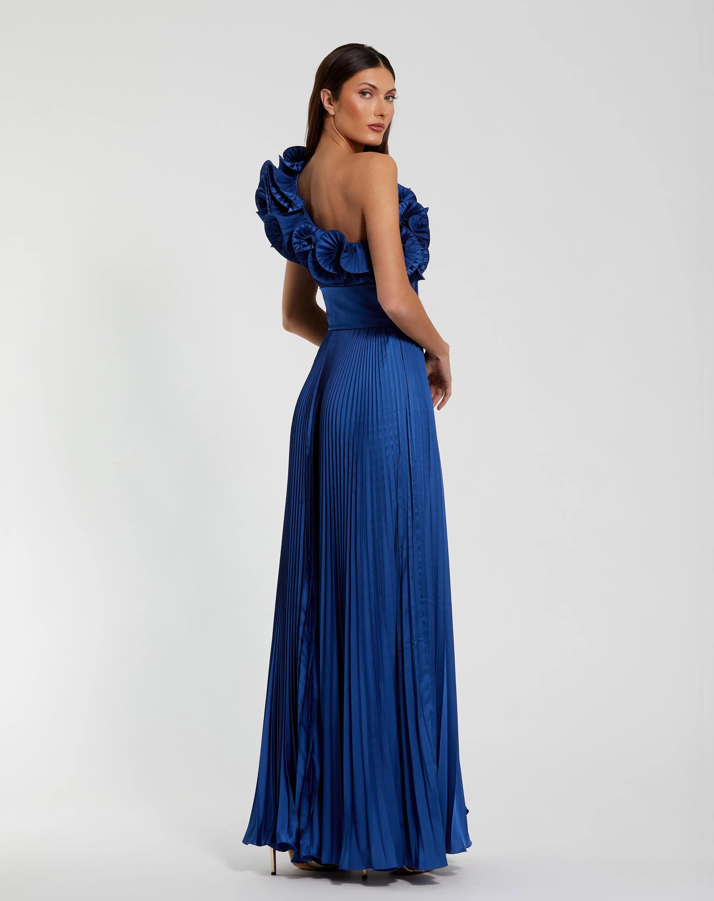 Blue Pleated Charmeuse One Shoulder Ruffle Gown - Mac Duggal
