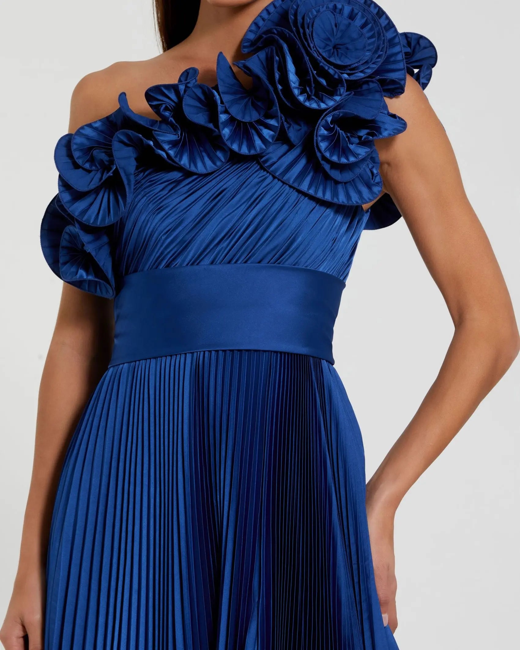 Blue Pleated Charmeuse One-Shoulder Evening Gown with Ruffle Detail Ieena for Mac Duggal
