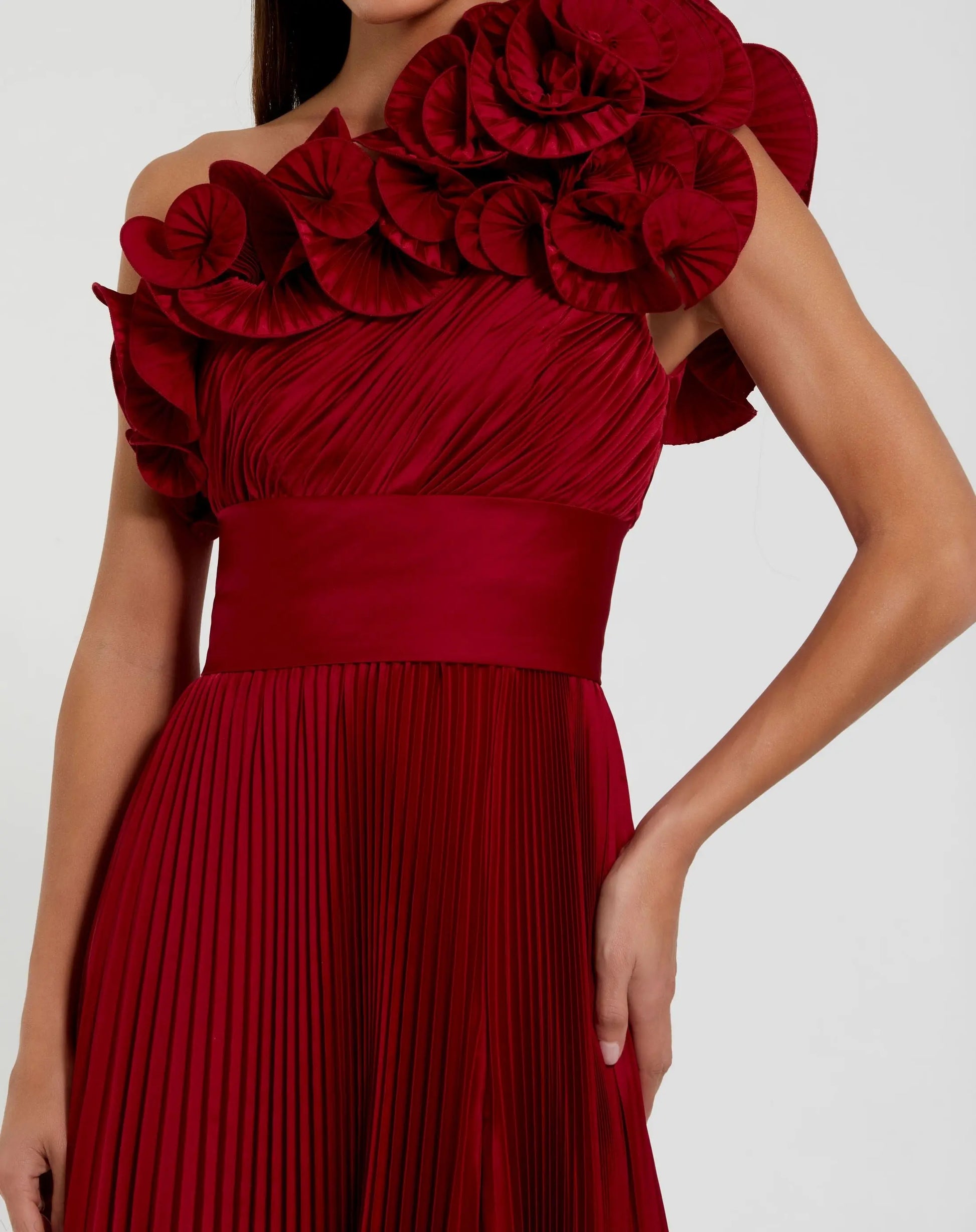 Mac Duggal Women's Pleated Charmeuse One Shoulder Ruffle Gown - Red - Size 4 Mac Duggal Women's Pleated Charmeuse One Shoulder Ruffle Gown - Red - Size 4