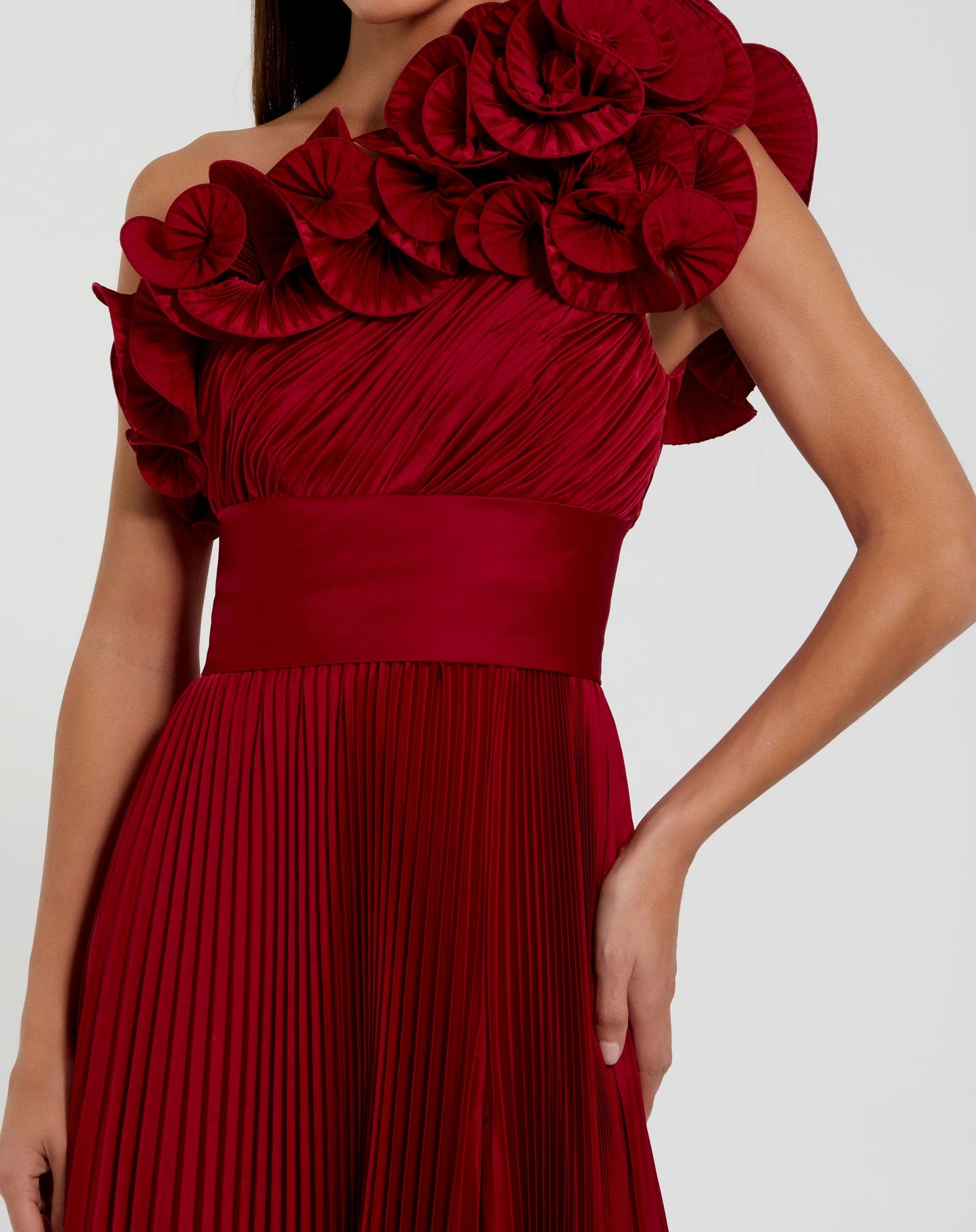 Pleated Charmeuse One Shoulder Ruffle Gown