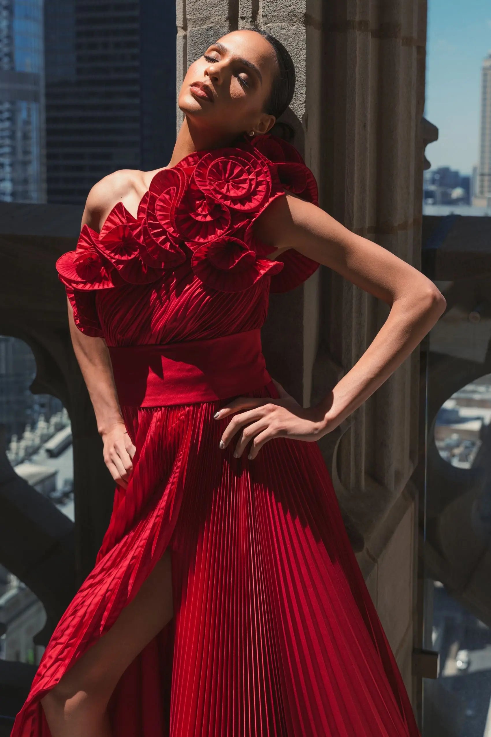 Red Ruffled One Shoulder Charmeuse Evening Gown
