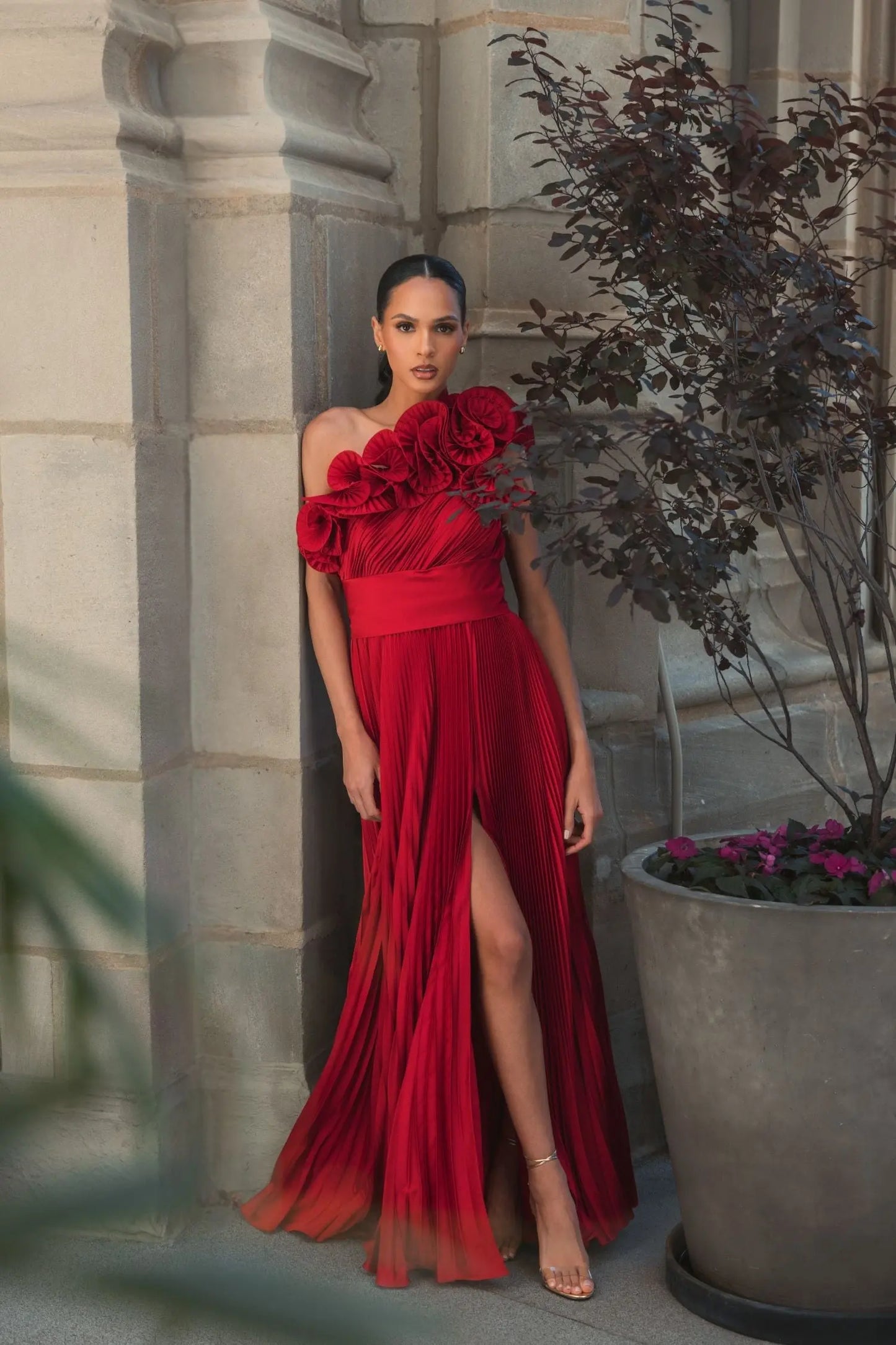 Red Ruffled One Shoulder Charmeuse Evening Gown