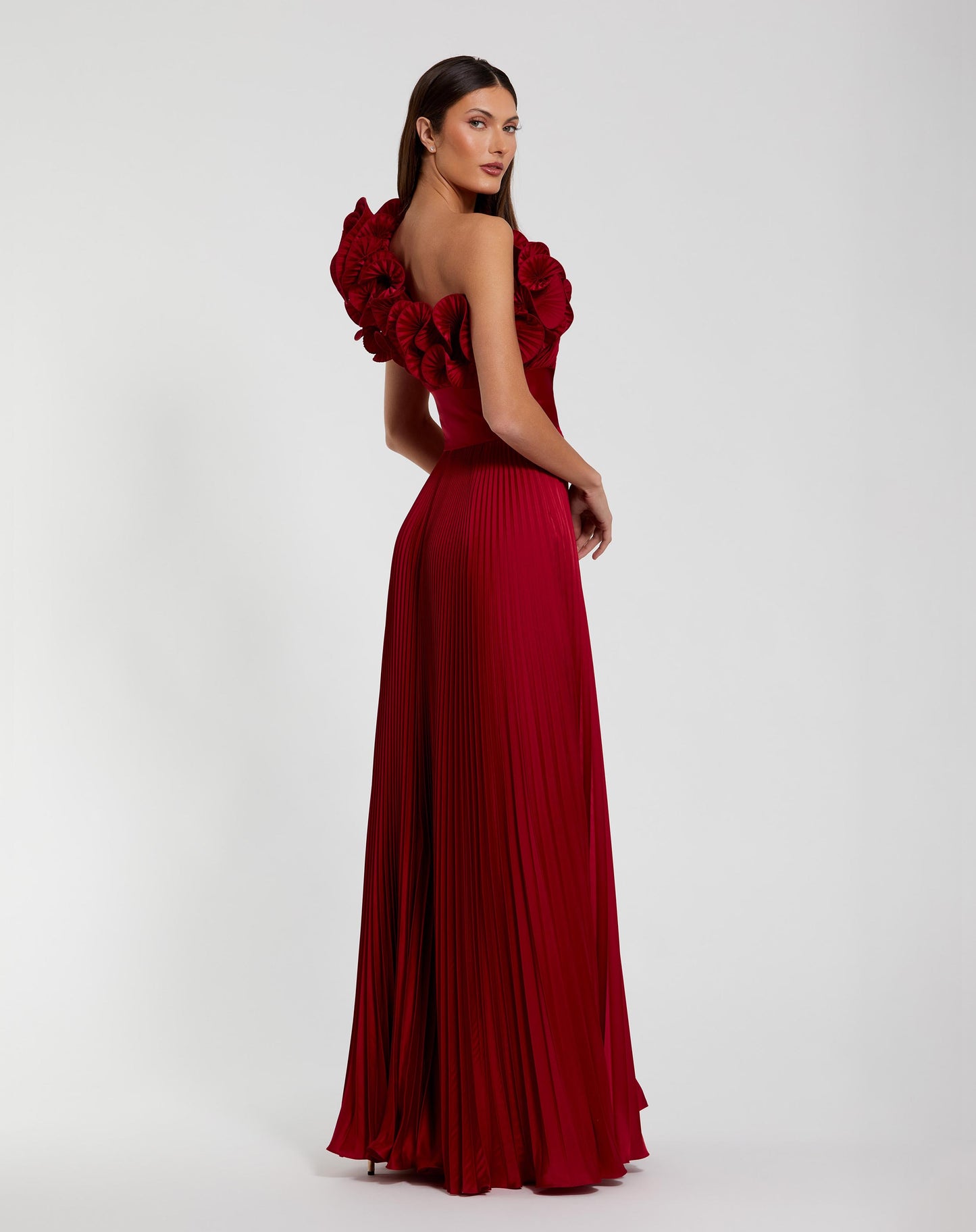 Pleated Charmeuse One Shoulder Ruffle Gown