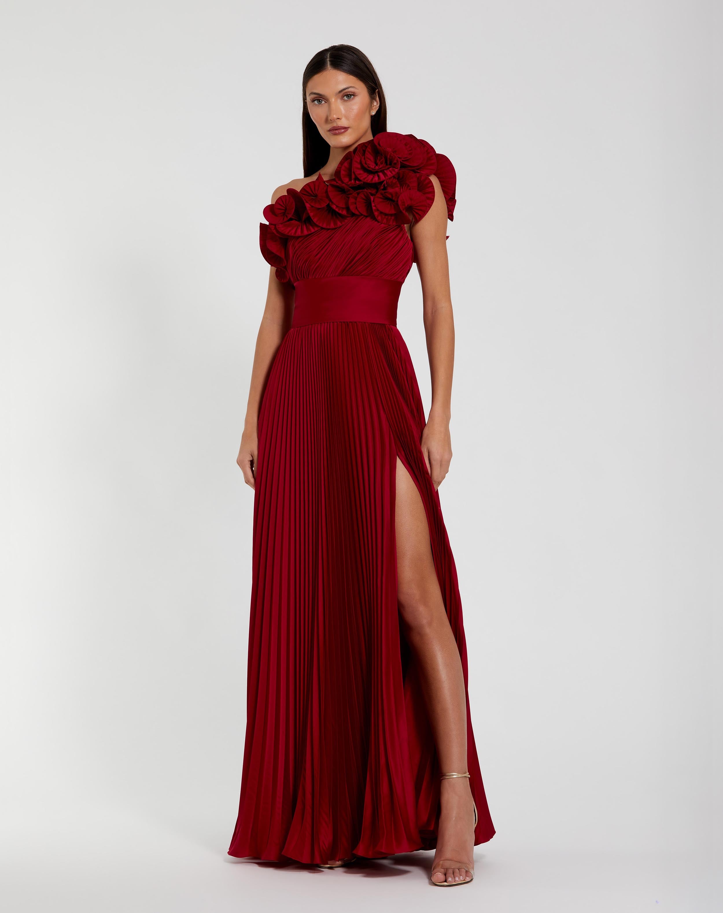 Pleated Charmeuse One Shoulder Ruffle Gown