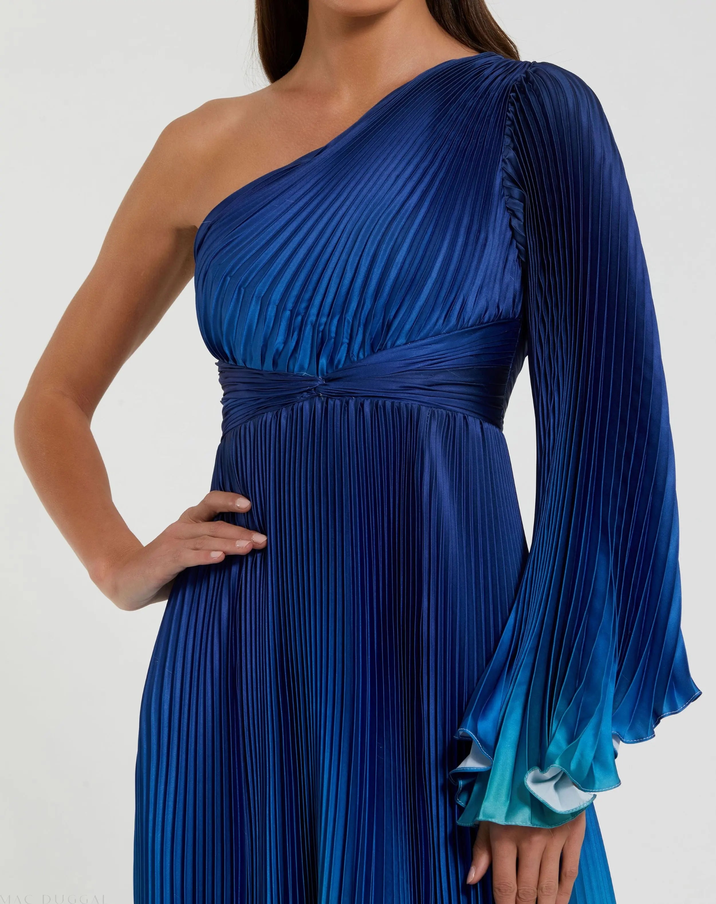 Blue Ombre Pleated Charmeuse One-Shoulder Gown - Ieena for Mac Duggal