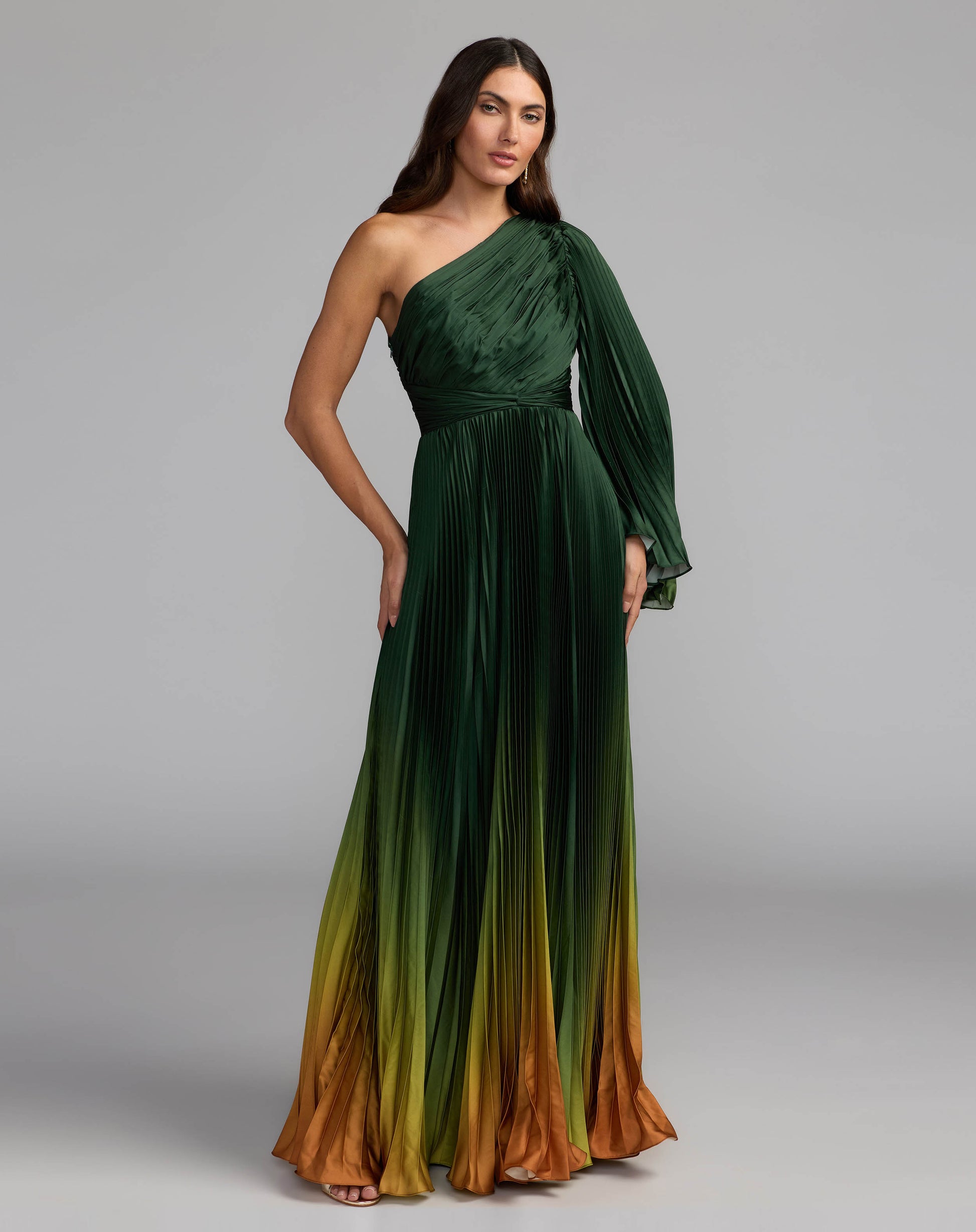 Green Pleated Charmeuse One Shoulder Ombre Gown Mac Duggal