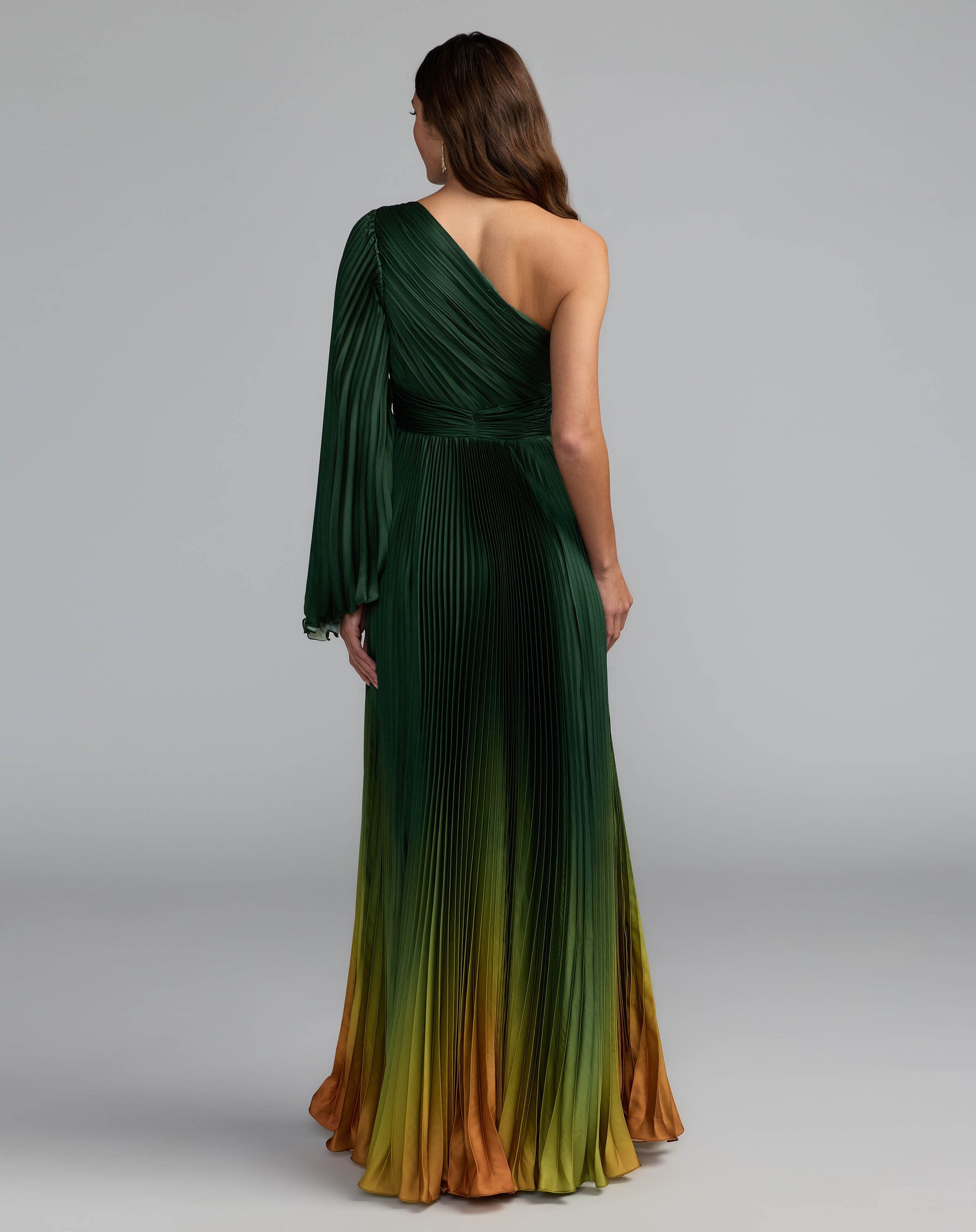 Green Pleated Charmeuse One Shoulder Ombre Gown Mac Duggal