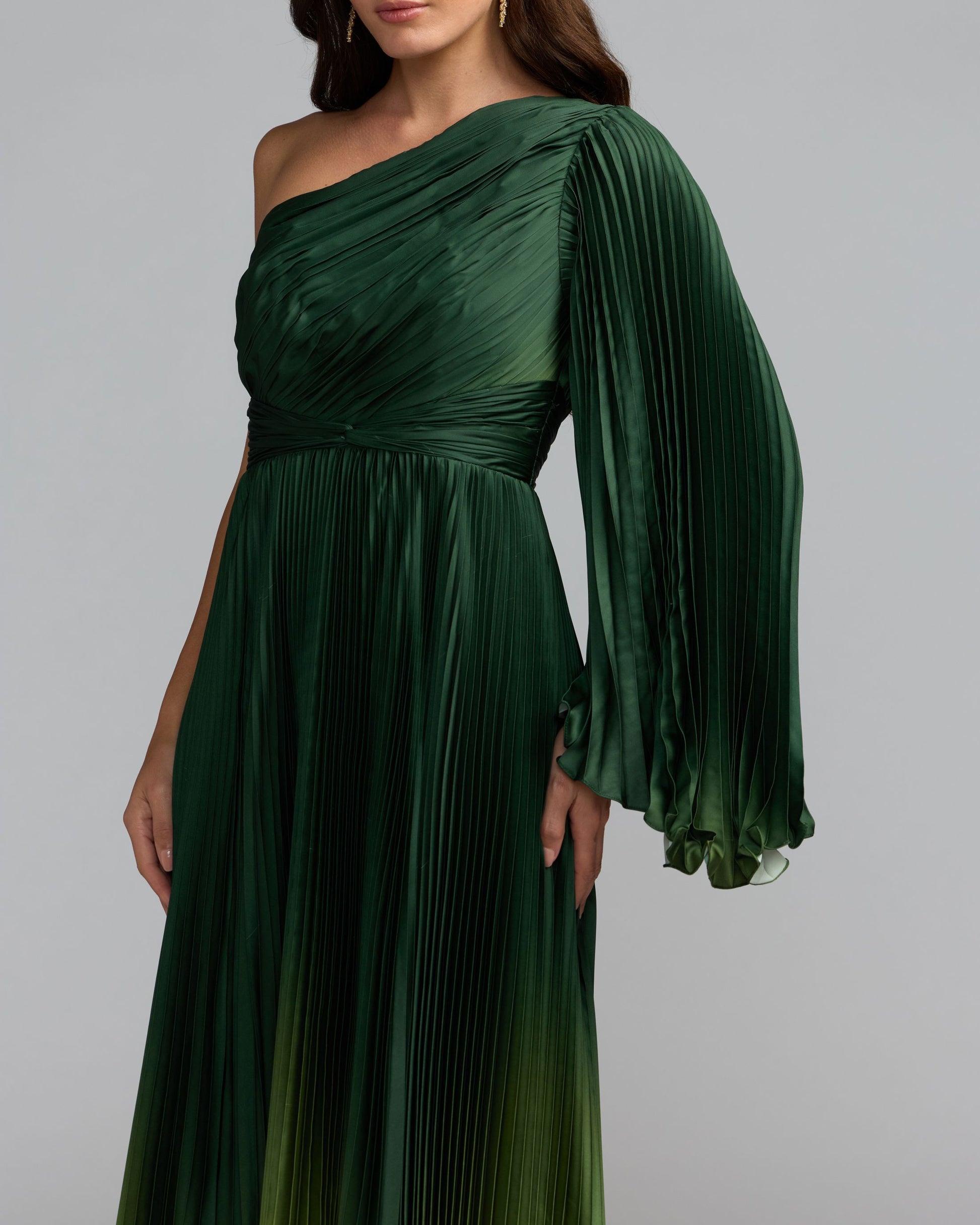 Green Pleated Charmeuse One Shoulder Ombre Gown Mac Duggal