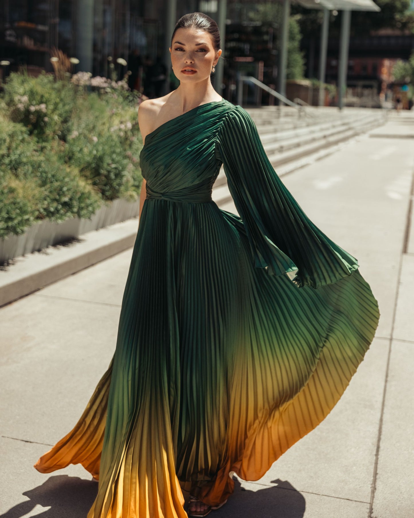 Green Pleated Charmeuse One Shoulder Ombre Gown Mac Duggal
