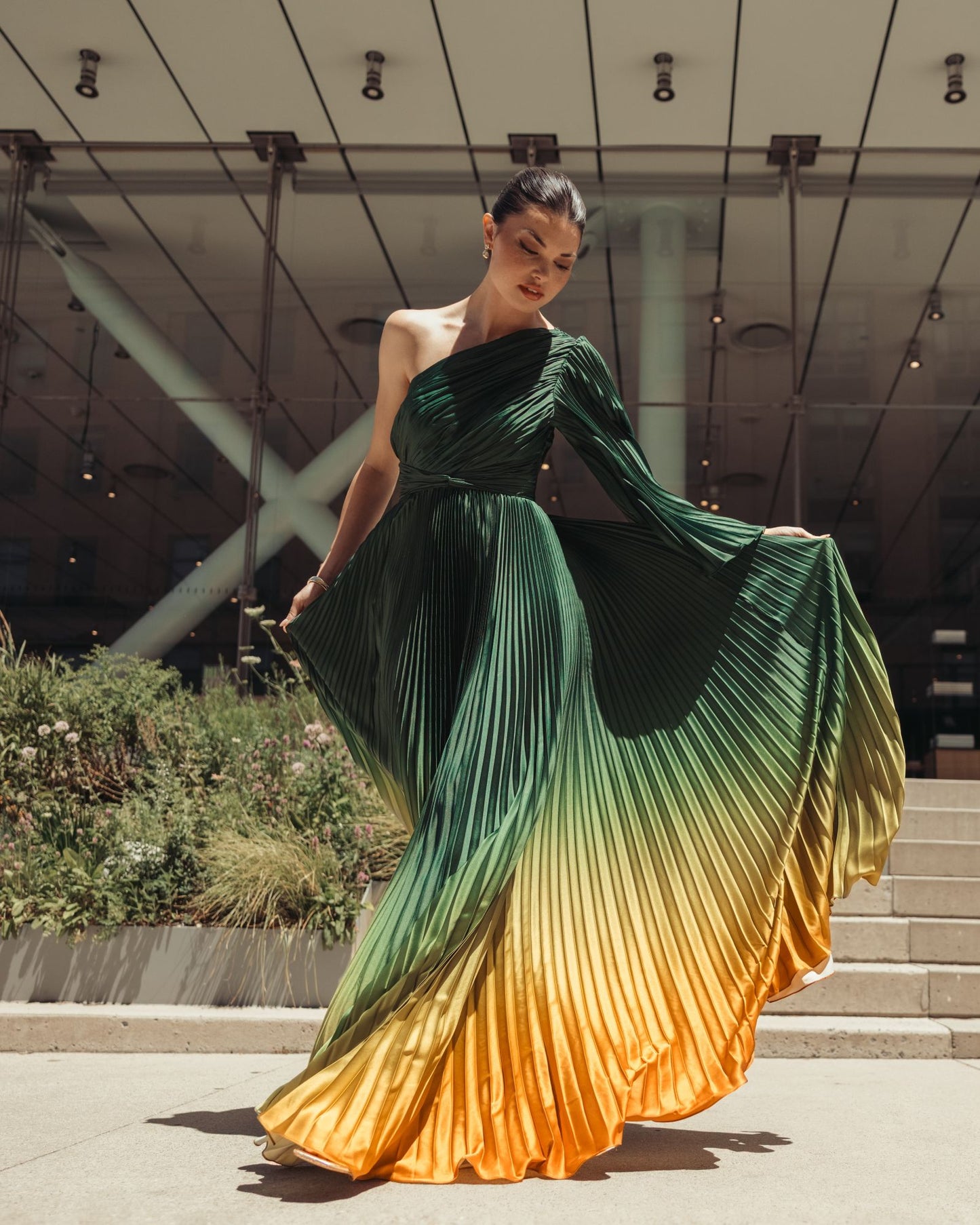 Green Pleated Charmeuse One Shoulder Ombre Gown Mac Duggal