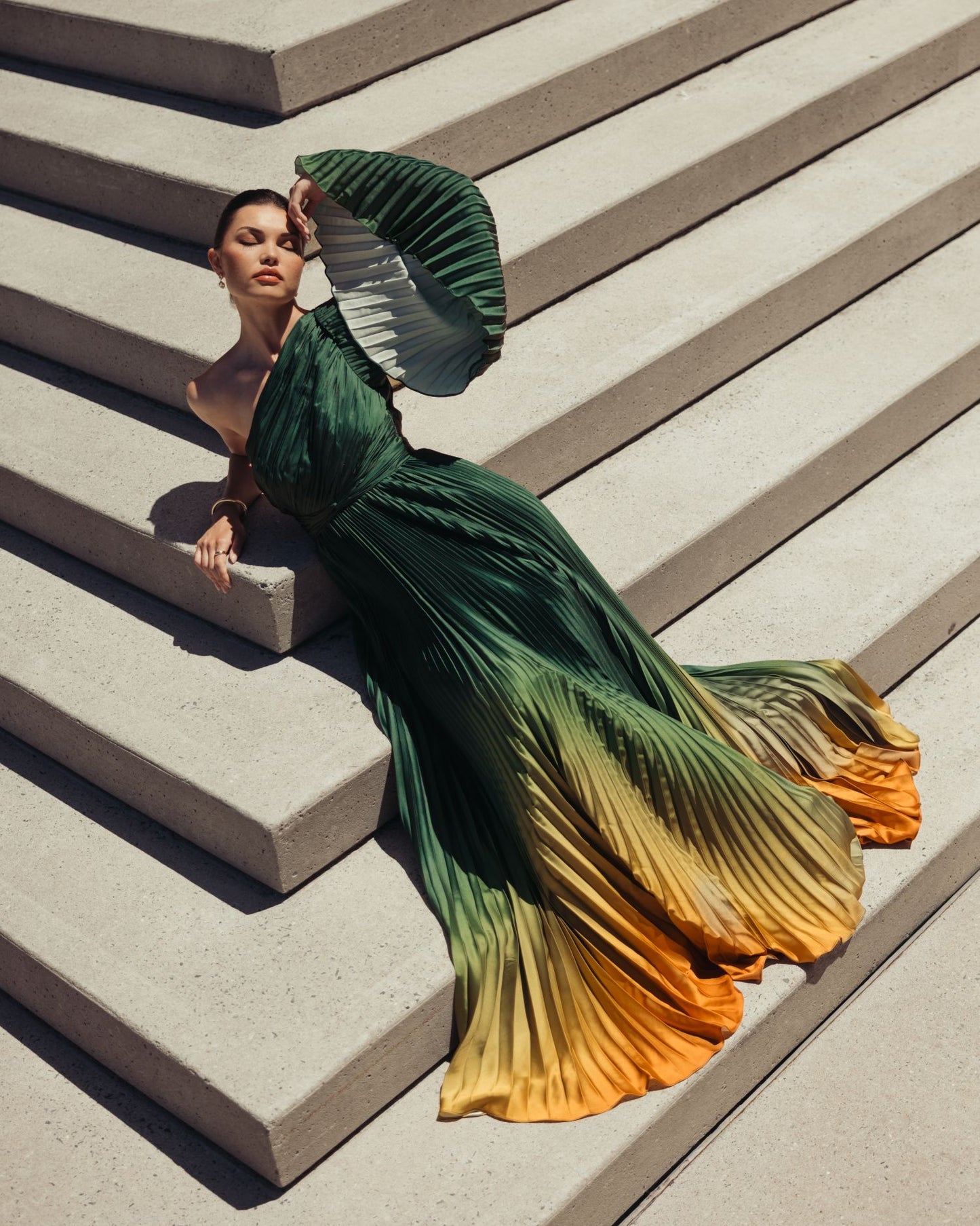 Green Pleated Charmeuse One Shoulder Ombre Gown Mac Duggal