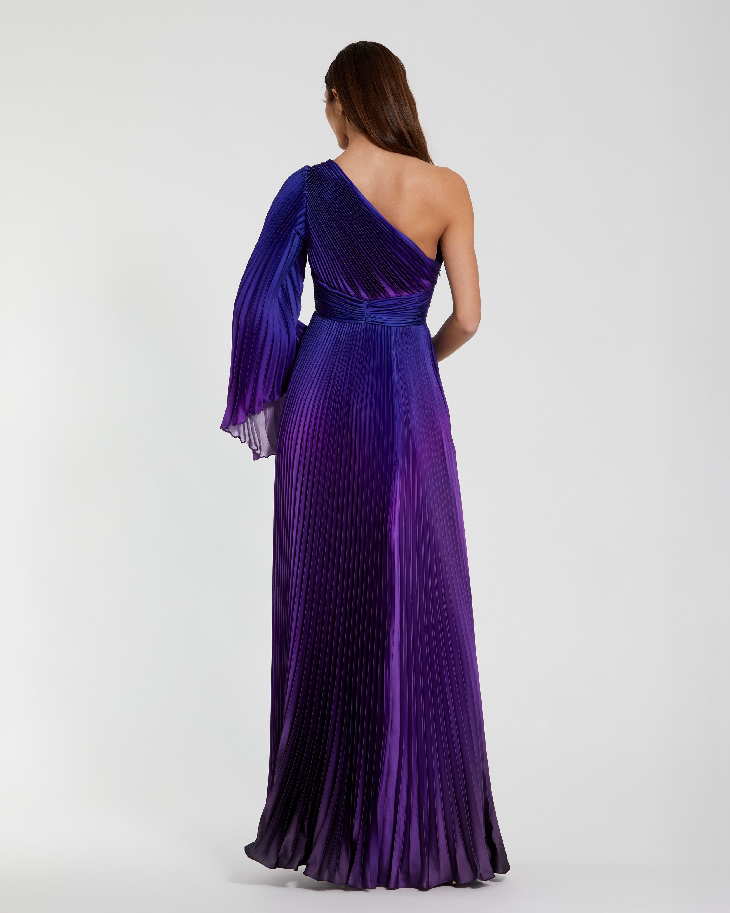 Purple Pleated Charmeuse One Shoulder Ombre Gown Ieena for Mac Duggal