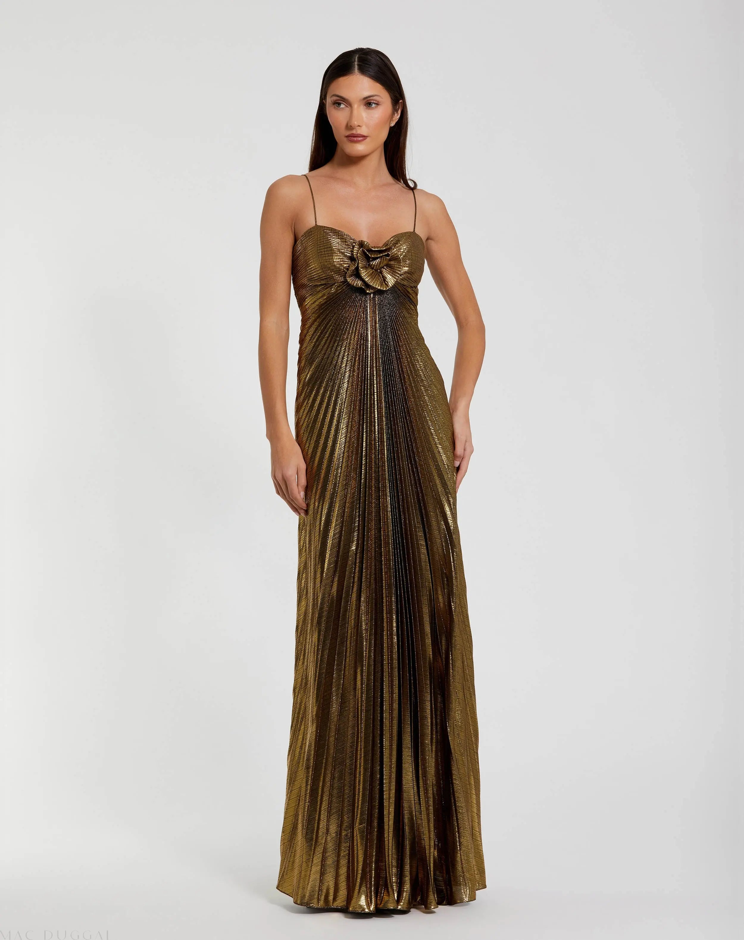 Gold Thin Strap Pleated Metallic Gown With 3D Flower - Mac Duggal