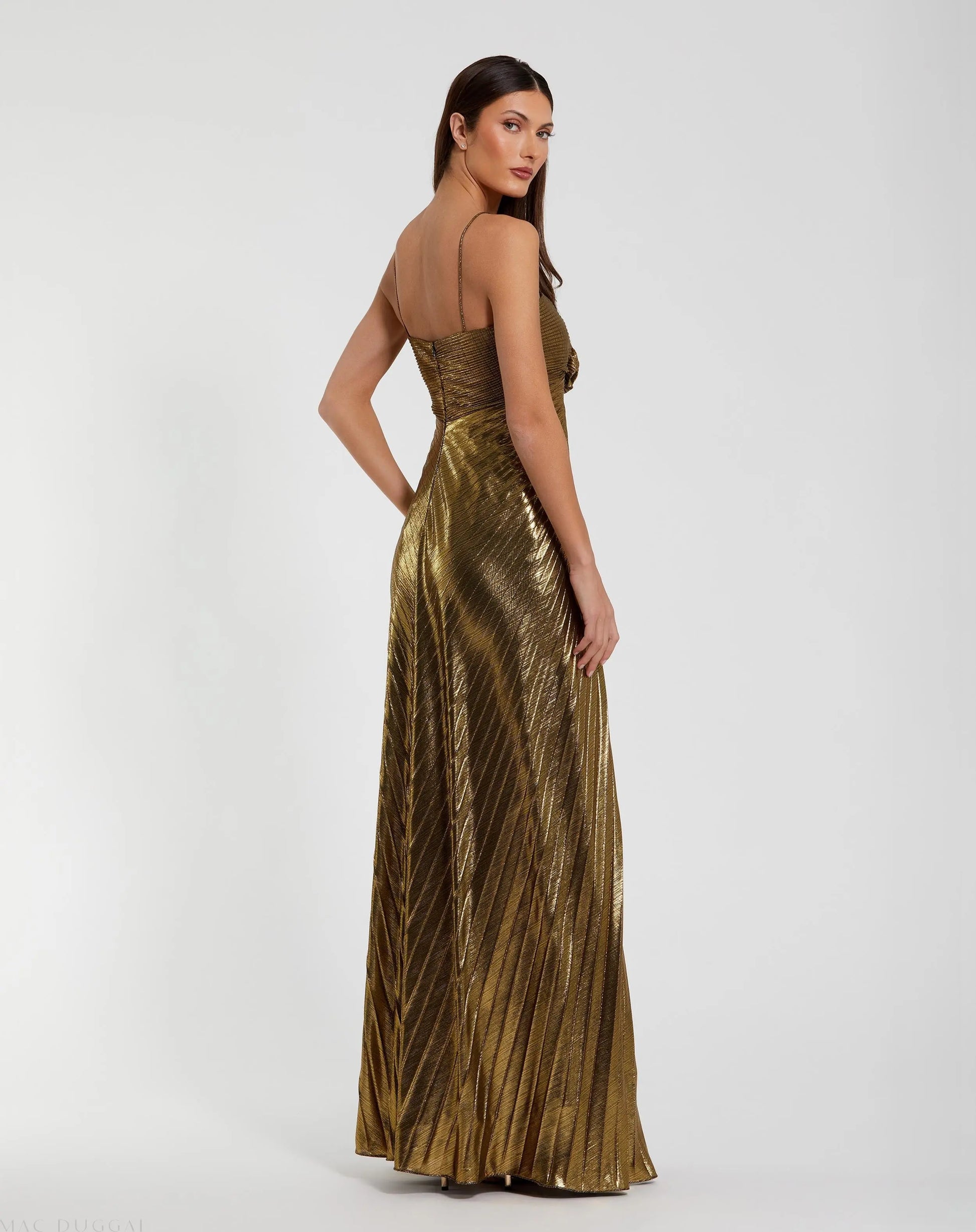 Gold Thin Strap Pleated Metallic Gown With 3D Flower | Mac Duggal Gold Thin Strap Pleated Metallic Gown With 3D Flower | Mac Duggal
