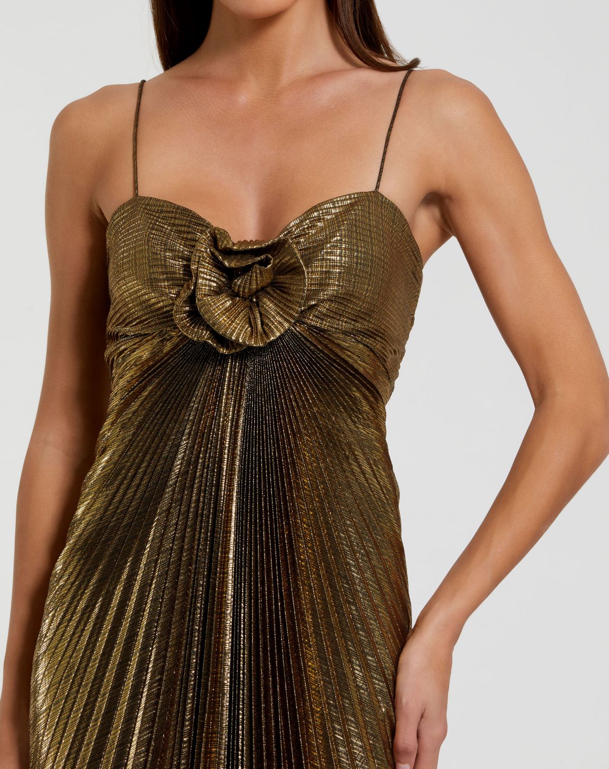 Thin Strap Pleated Metallic Gown With 3D Flower