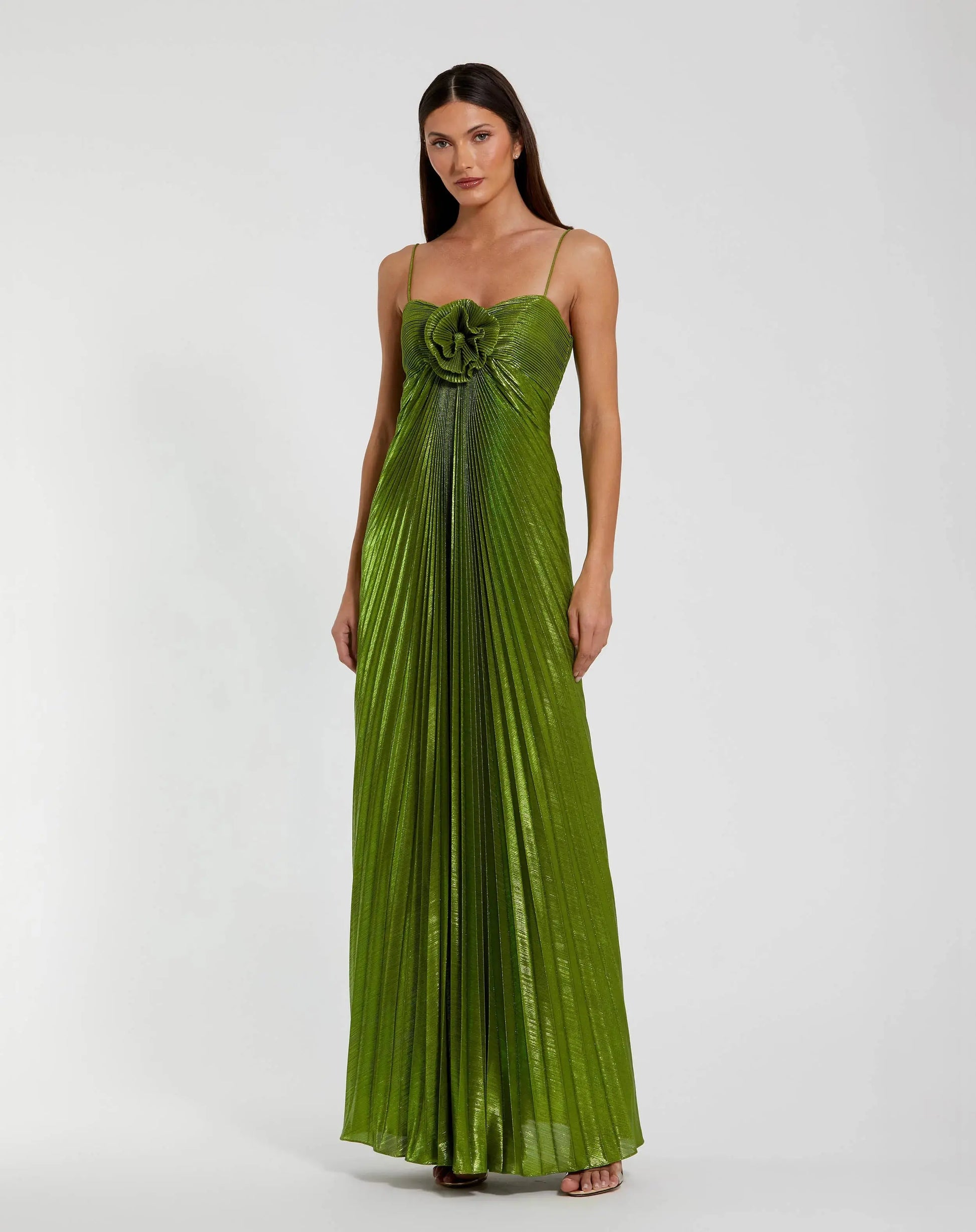 Green Metallic Pleated Gown With 3D Flower | Mac Duggal Green Metallic Pleated Gown With 3D Flower | Mac Duggal