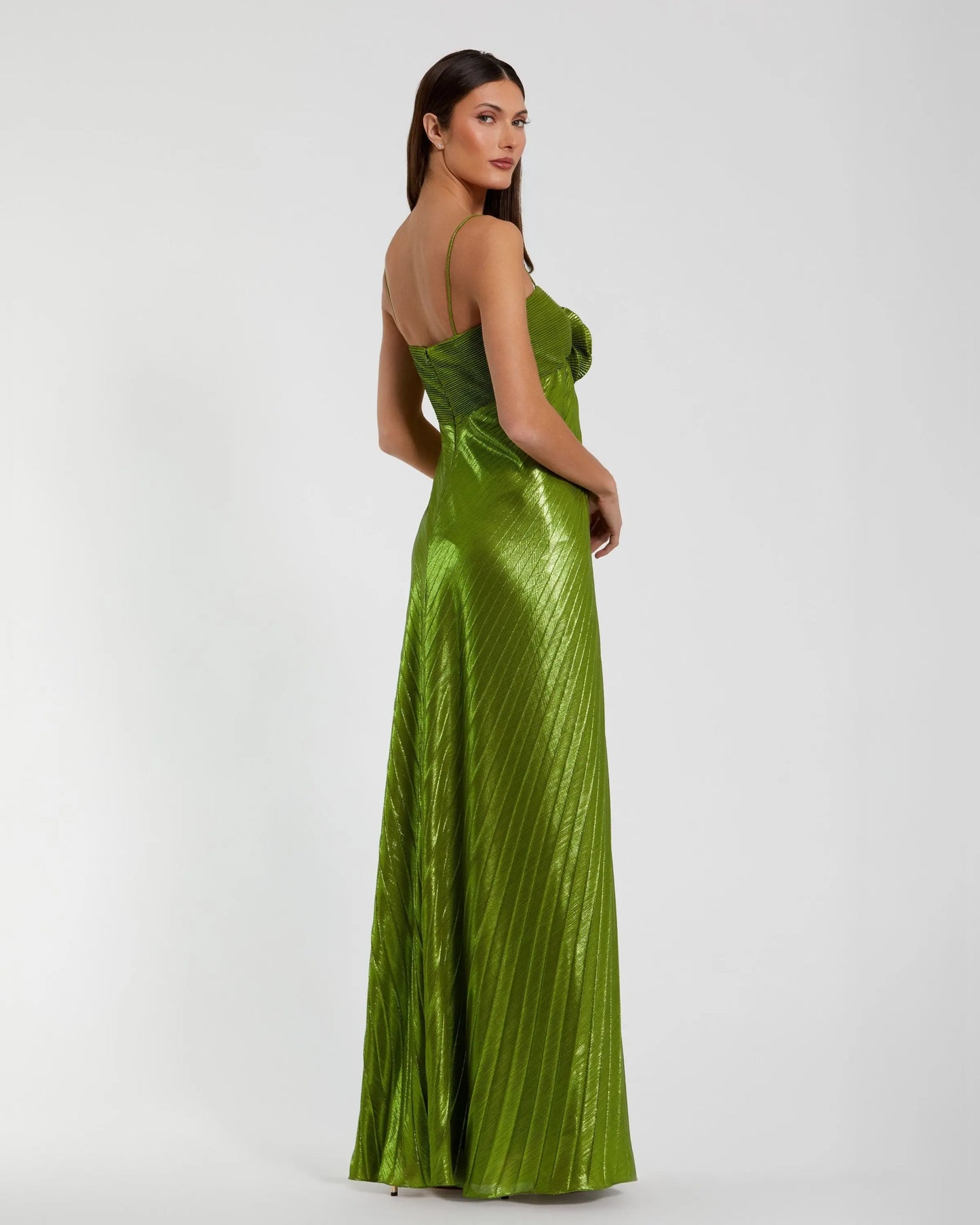 Green Metallic Pleated Gown with 3D Flower Ieena for Mac Duggal