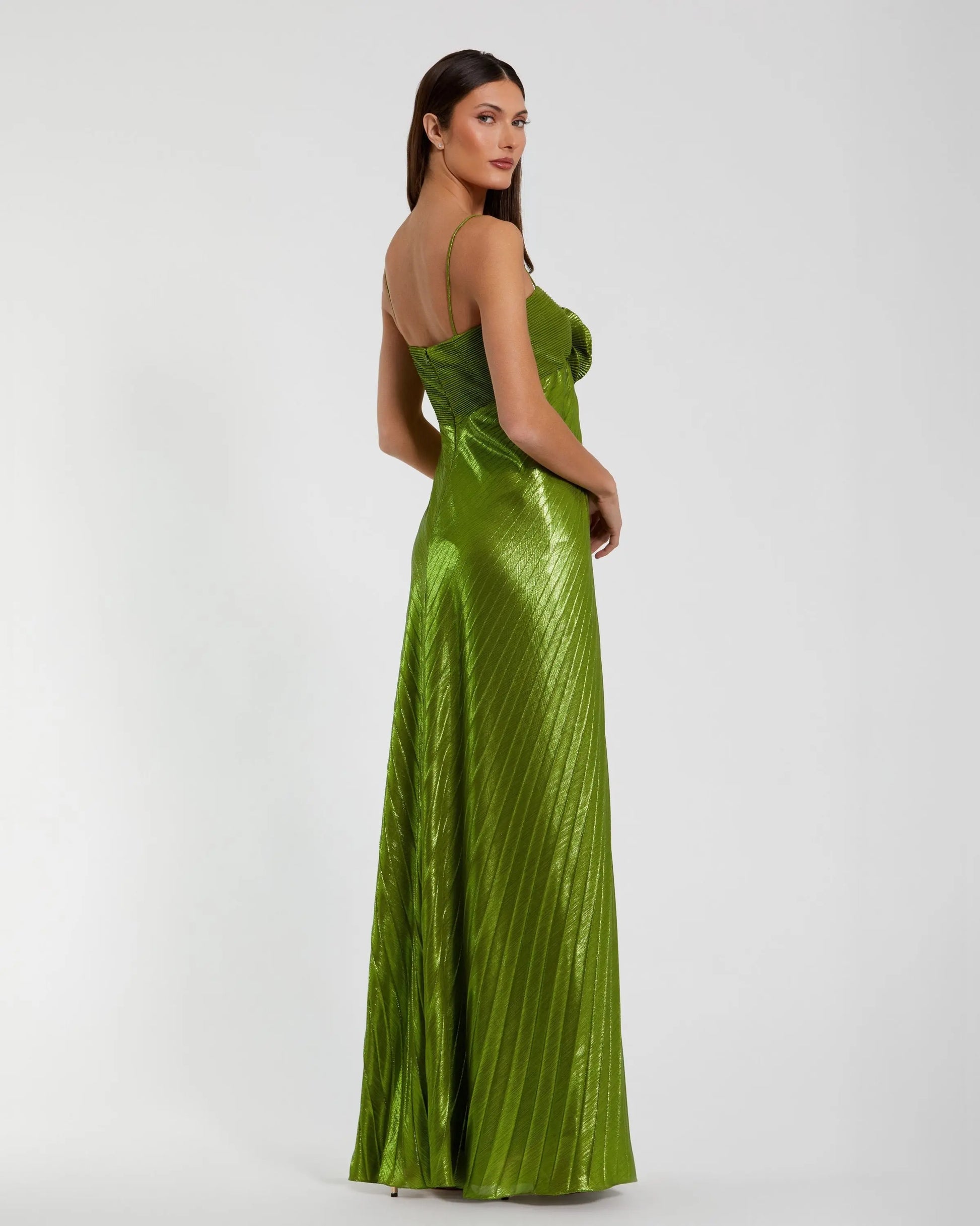 Green Metallic Pleated Gown With 3D Flower | Mac Duggal Green Metallic Pleated Gown With 3D Flower | Mac Duggal
