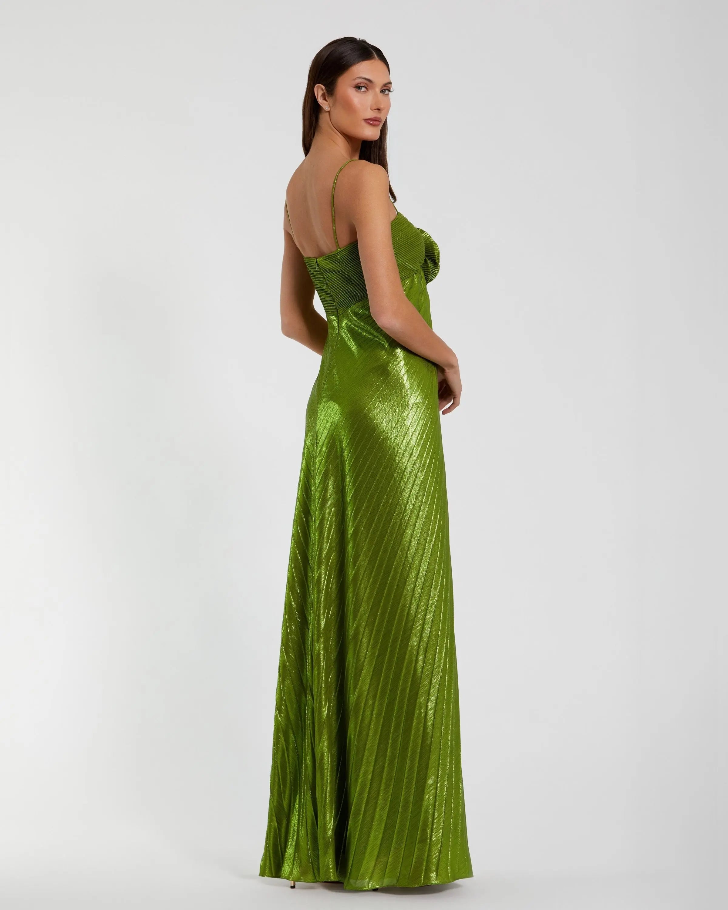 Green Metallic Pleated Gown with 3D Flower Ieena for Mac Duggal