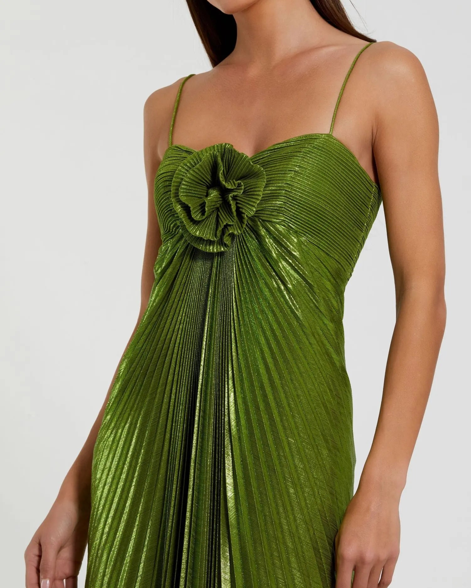 Green Metallic Pleated Gown With 3D Flower | Mac Duggal Green Metallic Pleated Gown With 3D Flower | Mac Duggal