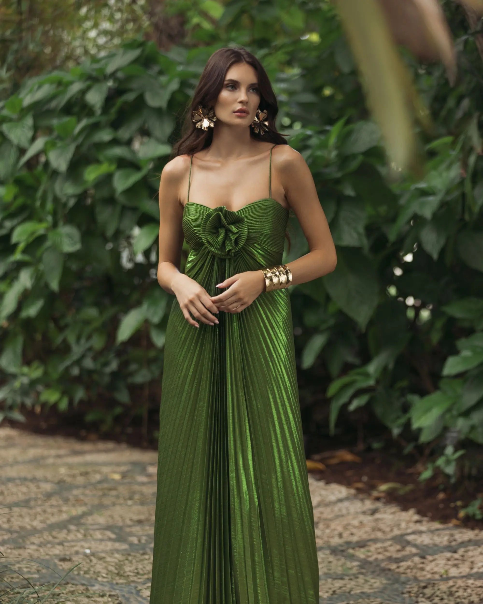 Green Metallic Pleated Gown With 3D Flower | Mac Duggal