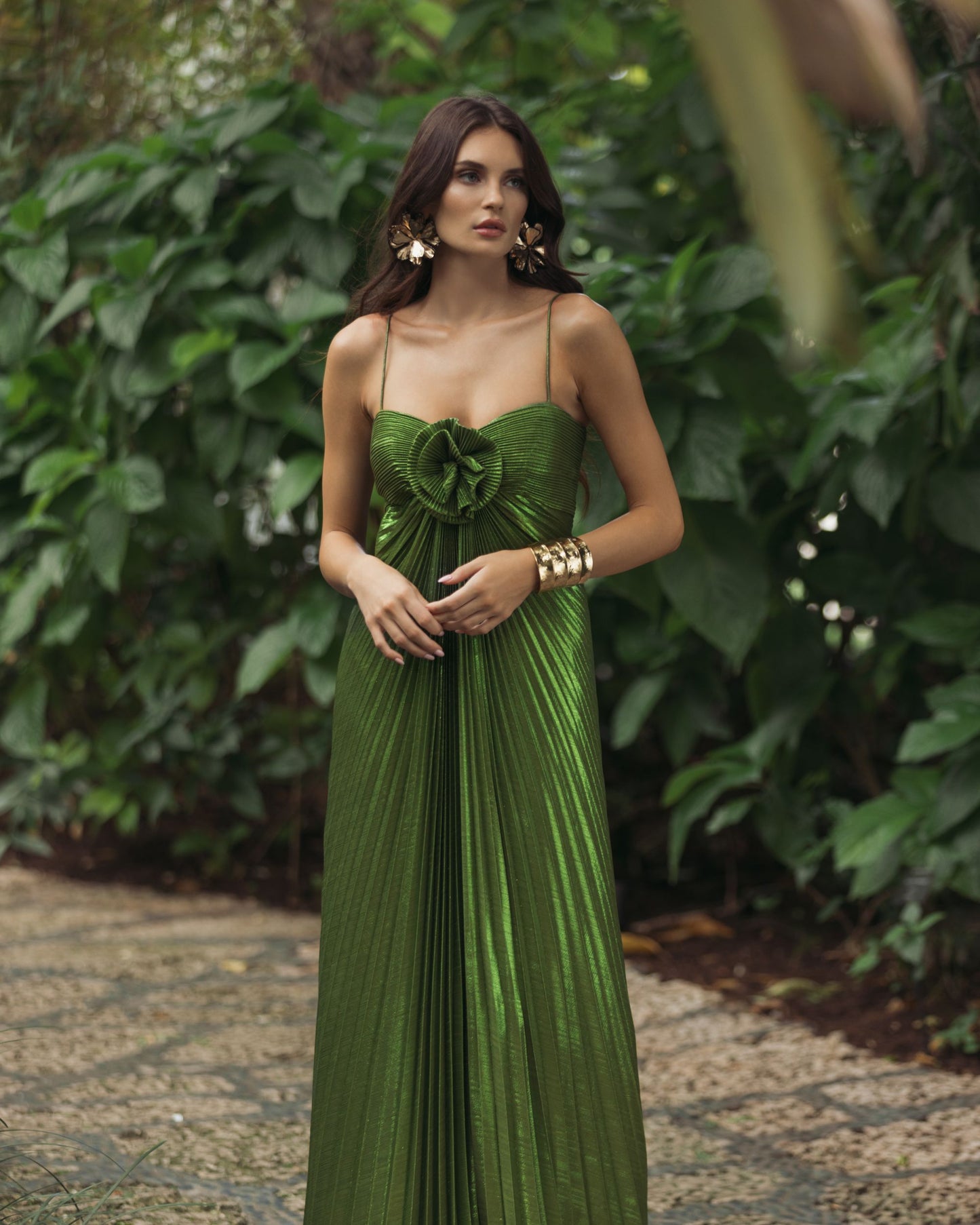 Green Metallic Pleated Gown with 3D Flower