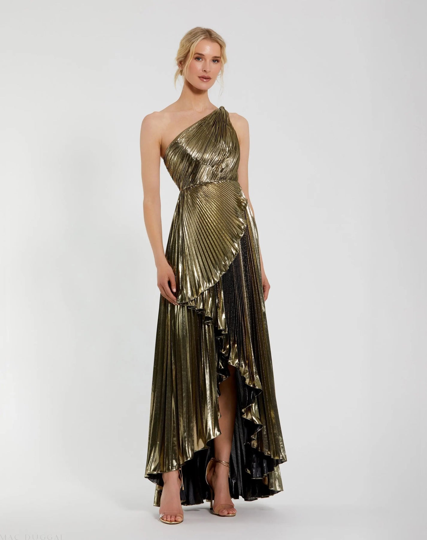 Gold Metallic Pleated One Shoulder Gown